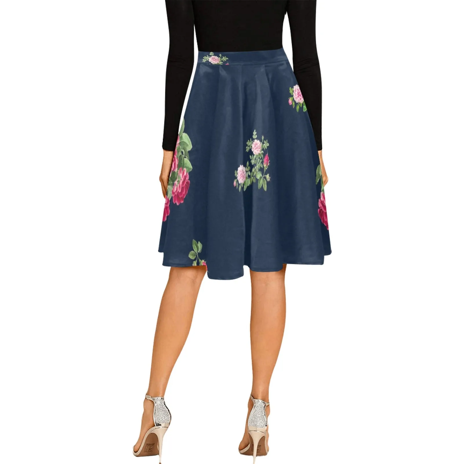 floral blue rose print 5 Melete Pleated Midi Skirt (Model D15)