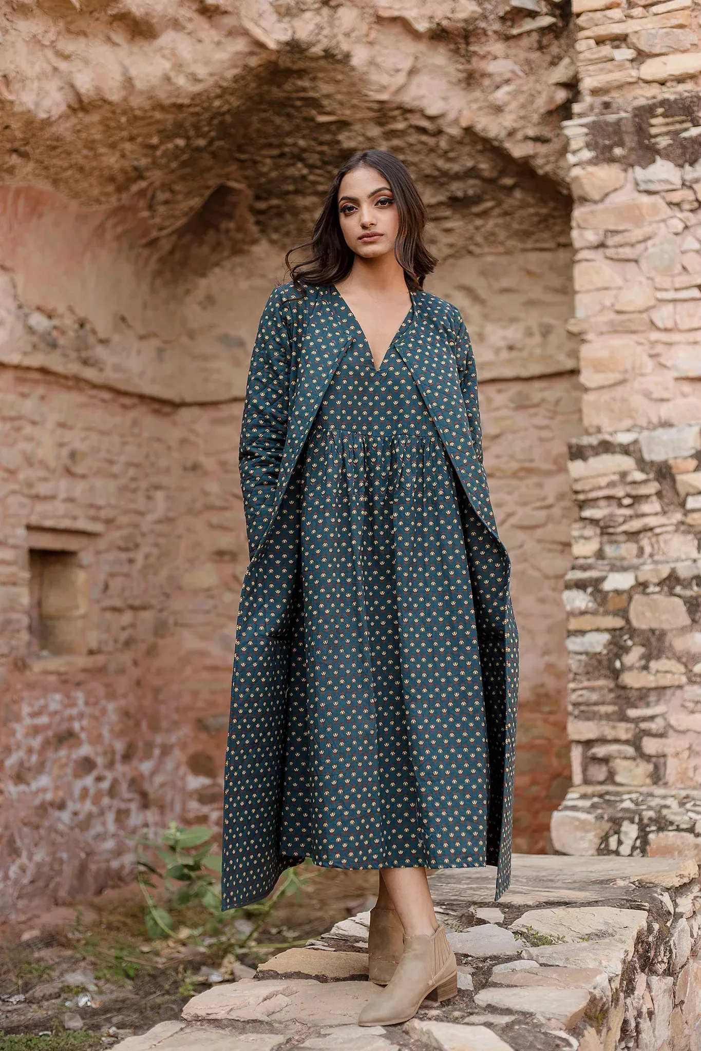 Green Block Printed Dress With Quilted Jacket