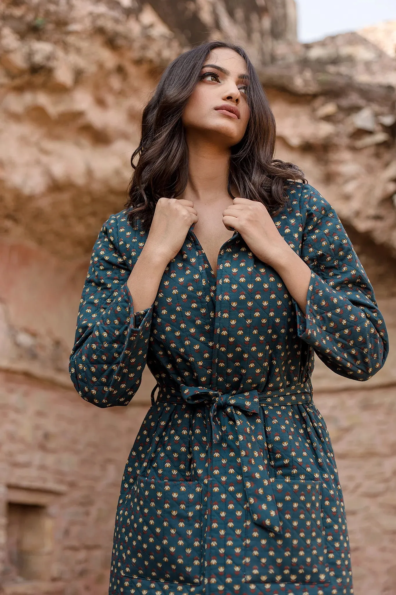 Green Block Printed Dress With Quilted Jacket