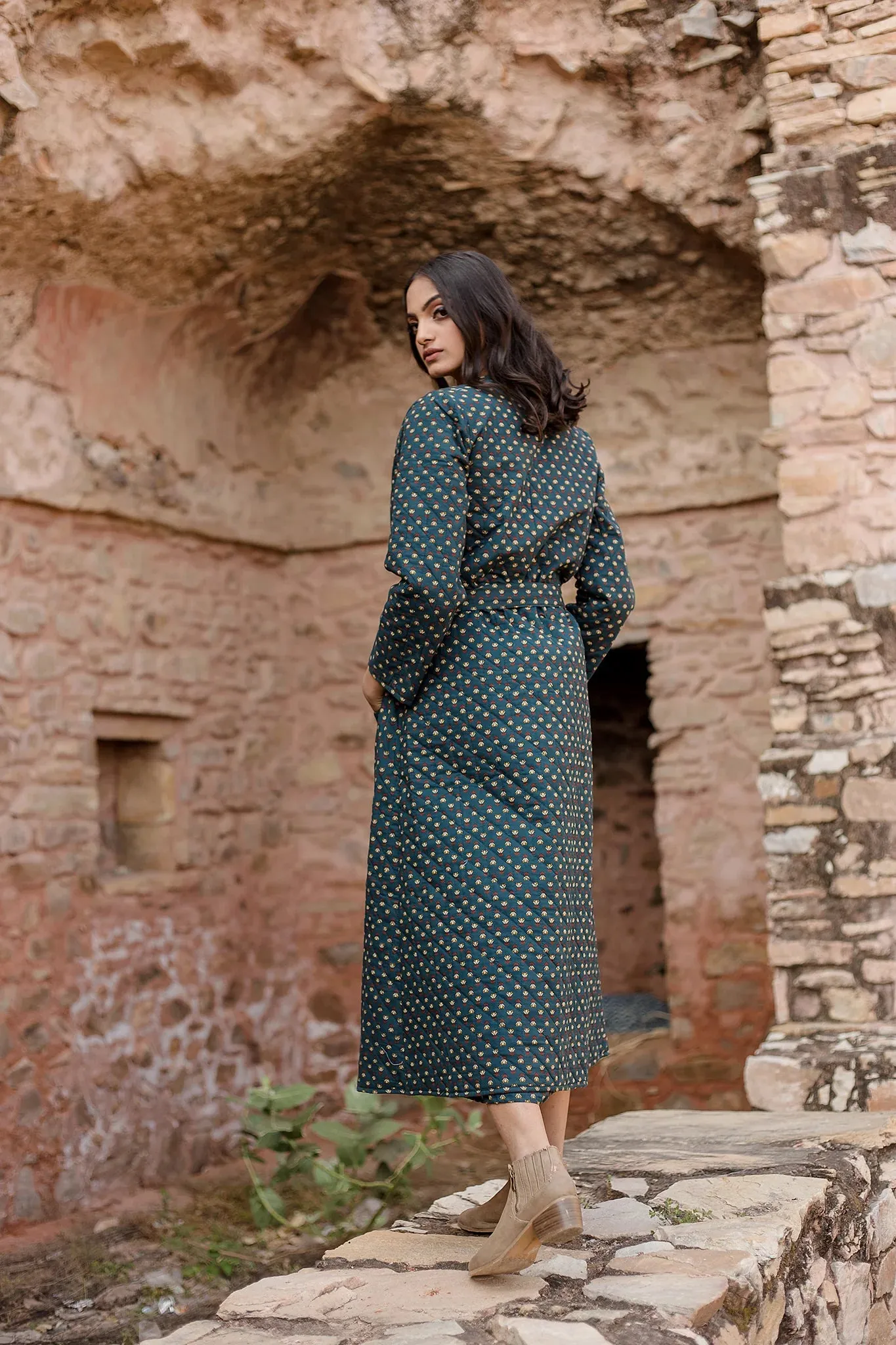 Green Block Printed Dress With Quilted Jacket
