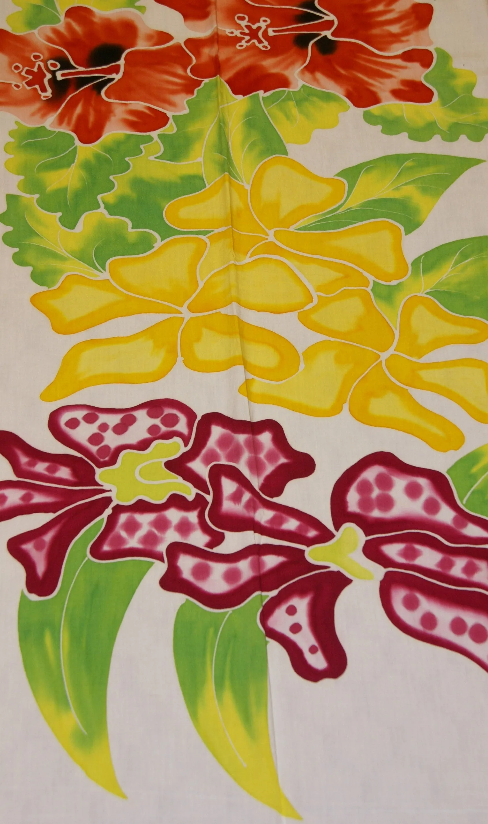HIGH QUALITY HAND PAINTED TEXTILE FABRIC HALF SARONG OR BEACH SKIRT, SCARF, TABLE RUNNER SIGNED BY THE ARTIST: DETAILED MOTIFS OF BLOOMING HIBISCUS, VANDA ORCHIDS, TROPICAL PLANTS, RICH COLORS 74" x 23" (no SC15)