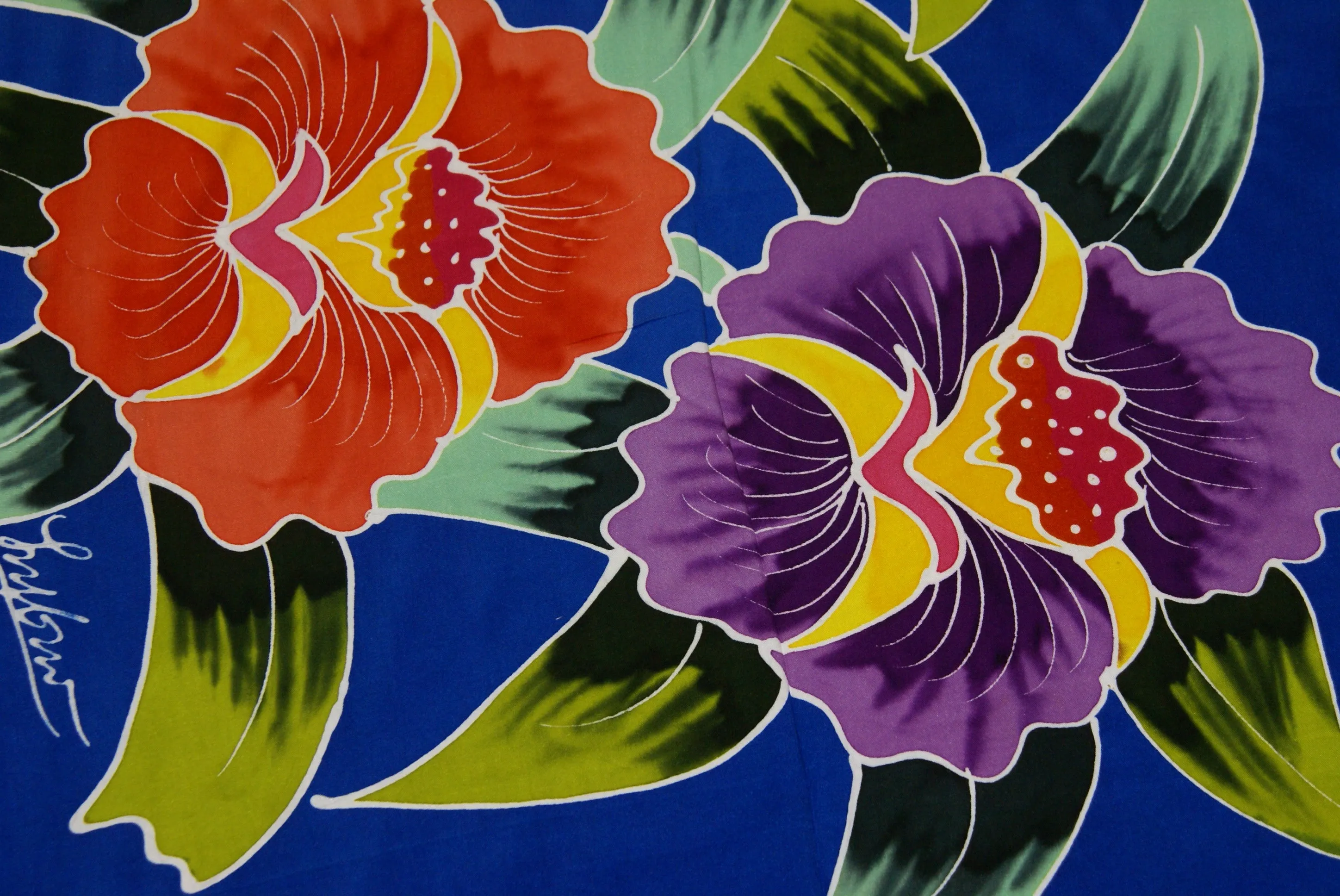 HIGH QUALITY HAND PAINTED TEXTILE FABRIC HALF SARONG OR BEACH SKIRT, SUMMER TABLE RUNNER SIGNED BY THE ARTIST: DETAILED MOTIFS OF BLOOMING DOUBLE HIBISCUS, RICH COLORS 74" x 23" (no SC11)
