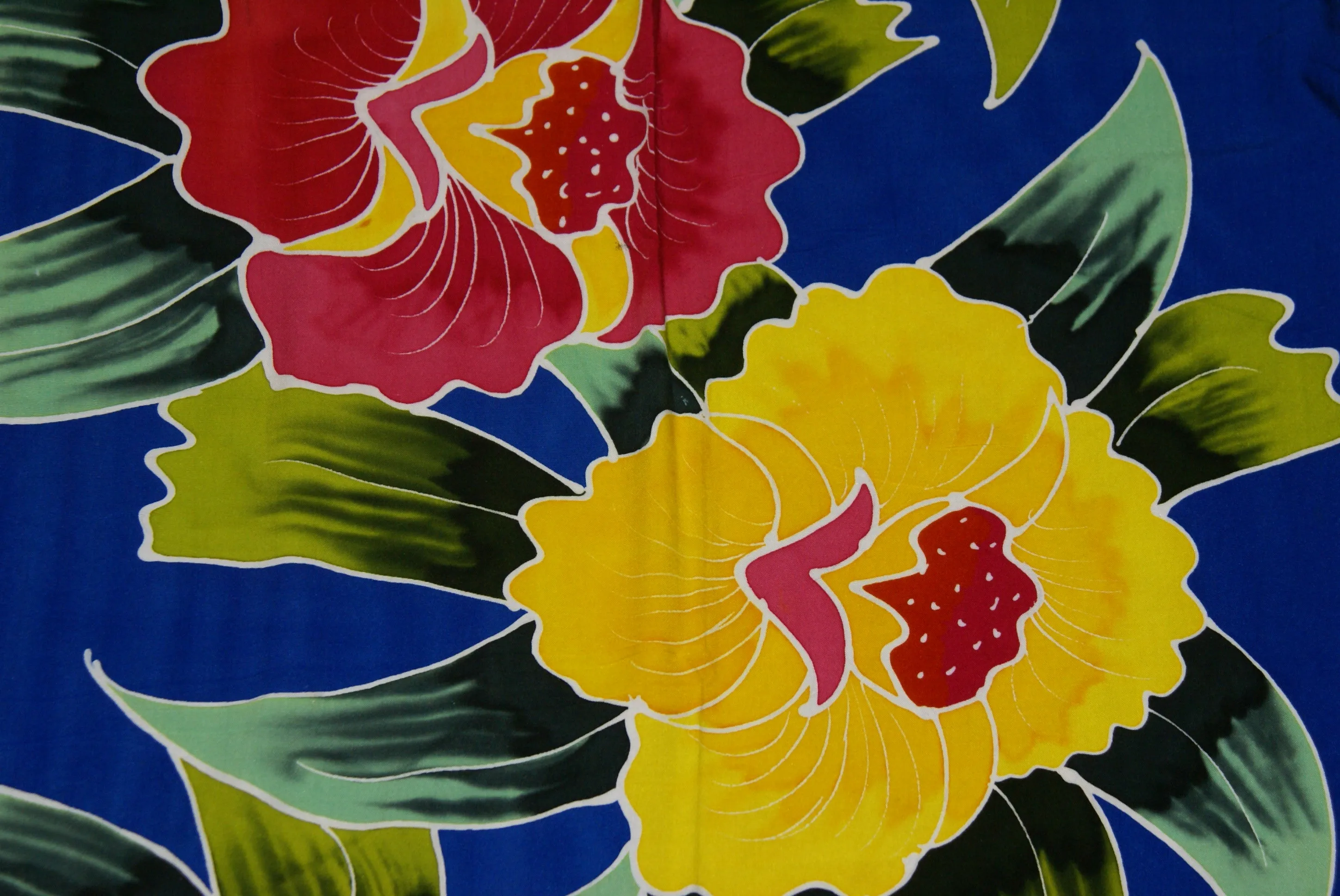 HIGH QUALITY HAND PAINTED TEXTILE FABRIC HALF SARONG OR BEACH SKIRT, SUMMER TABLE RUNNER SIGNED BY THE ARTIST: DETAILED MOTIFS OF BLOOMING DOUBLE HIBISCUS, RICH COLORS 74" x 23" (no SC11)