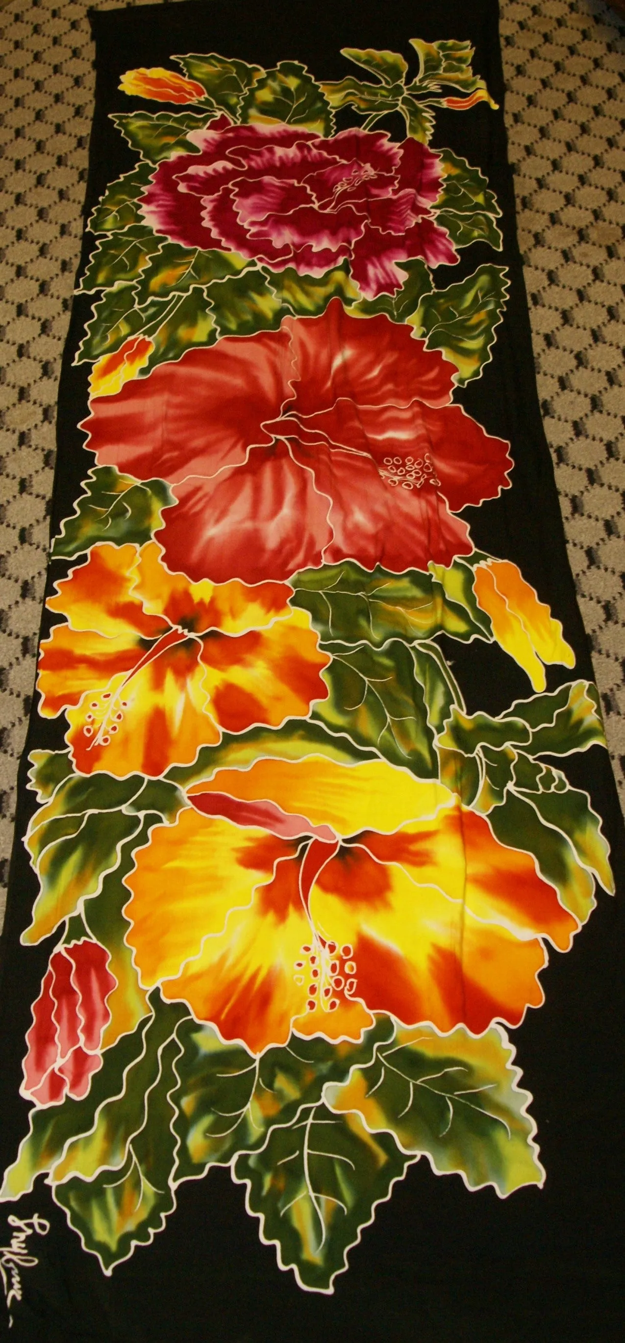 HIGH QUALITY HAND PAINTED TEXTILE FABRIC HALF SARONG OR BEACH SKIRT, SUMMER TABLE RUNNER, SIGNED BY THE ARTIST: DETAILED MOTIFS OF BLOOMING HIBISCUS ON BLACK BACKGROUND, RICH COLORS 74" x 23" (no SC16)