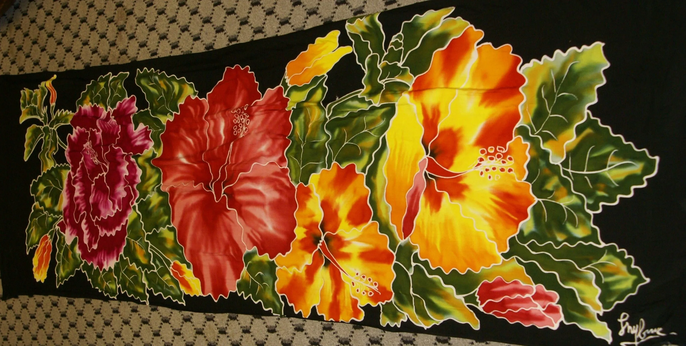 HIGH QUALITY HAND PAINTED TEXTILE FABRIC HALF SARONG OR BEACH SKIRT, SUMMER TABLE RUNNER, SIGNED BY THE ARTIST: DETAILED MOTIFS OF BLOOMING HIBISCUS ON BLACK BACKGROUND, RICH COLORS 74" x 23" (no SC16)