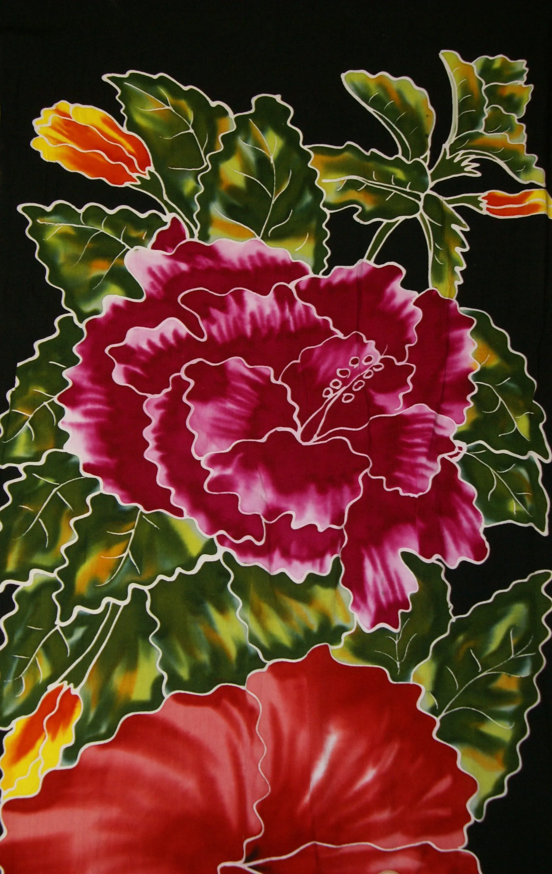 HIGH QUALITY HAND PAINTED TEXTILE FABRIC HALF SARONG OR BEACH SKIRT, SUMMER TABLE RUNNER, SIGNED BY THE ARTIST: DETAILED MOTIFS OF BLOOMING HIBISCUS ON BLACK BACKGROUND, RICH COLORS 74" x 23" (no SC16)