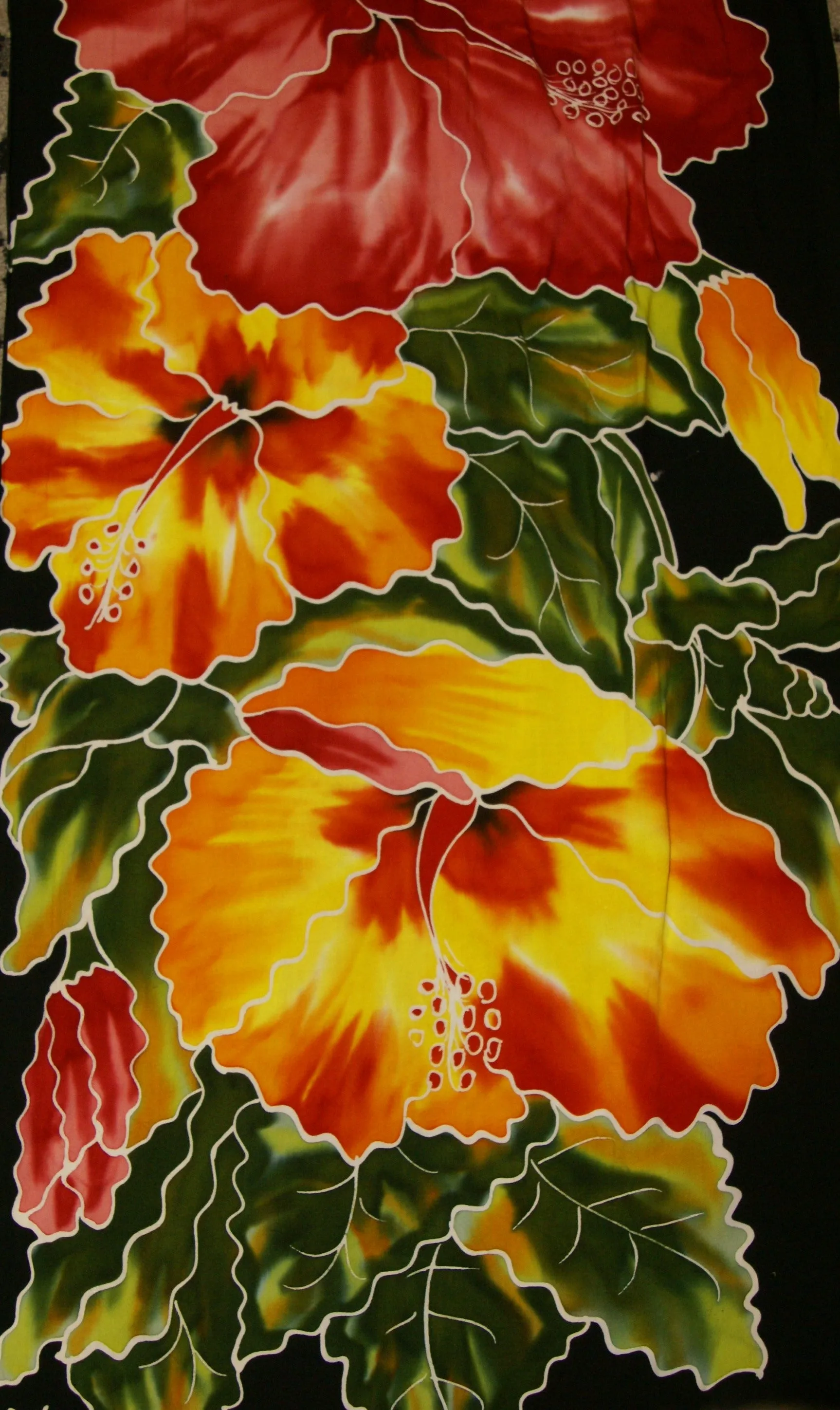 HIGH QUALITY HAND PAINTED TEXTILE FABRIC HALF SARONG OR BEACH SKIRT, SUMMER TABLE RUNNER, SIGNED BY THE ARTIST: DETAILED MOTIFS OF BLOOMING HIBISCUS ON BLACK BACKGROUND, RICH COLORS 74" x 23" (no SC16)