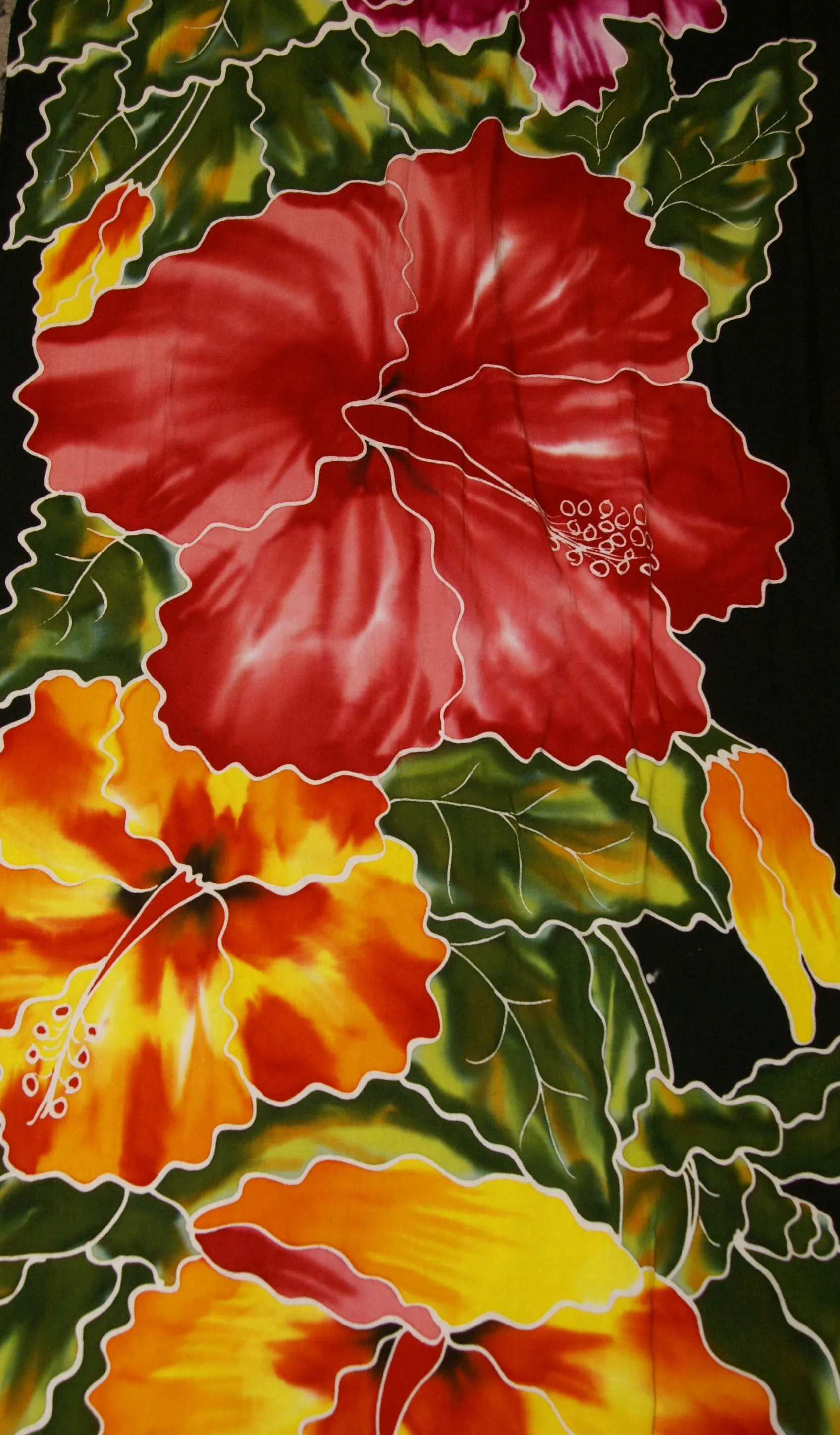 HIGH QUALITY HAND PAINTED TEXTILE FABRIC HALF SARONG OR BEACH SKIRT, SUMMER TABLE RUNNER, SIGNED BY THE ARTIST: DETAILED MOTIFS OF BLOOMING HIBISCUS ON BLACK BACKGROUND, RICH COLORS 74" x 23" (no SC16)