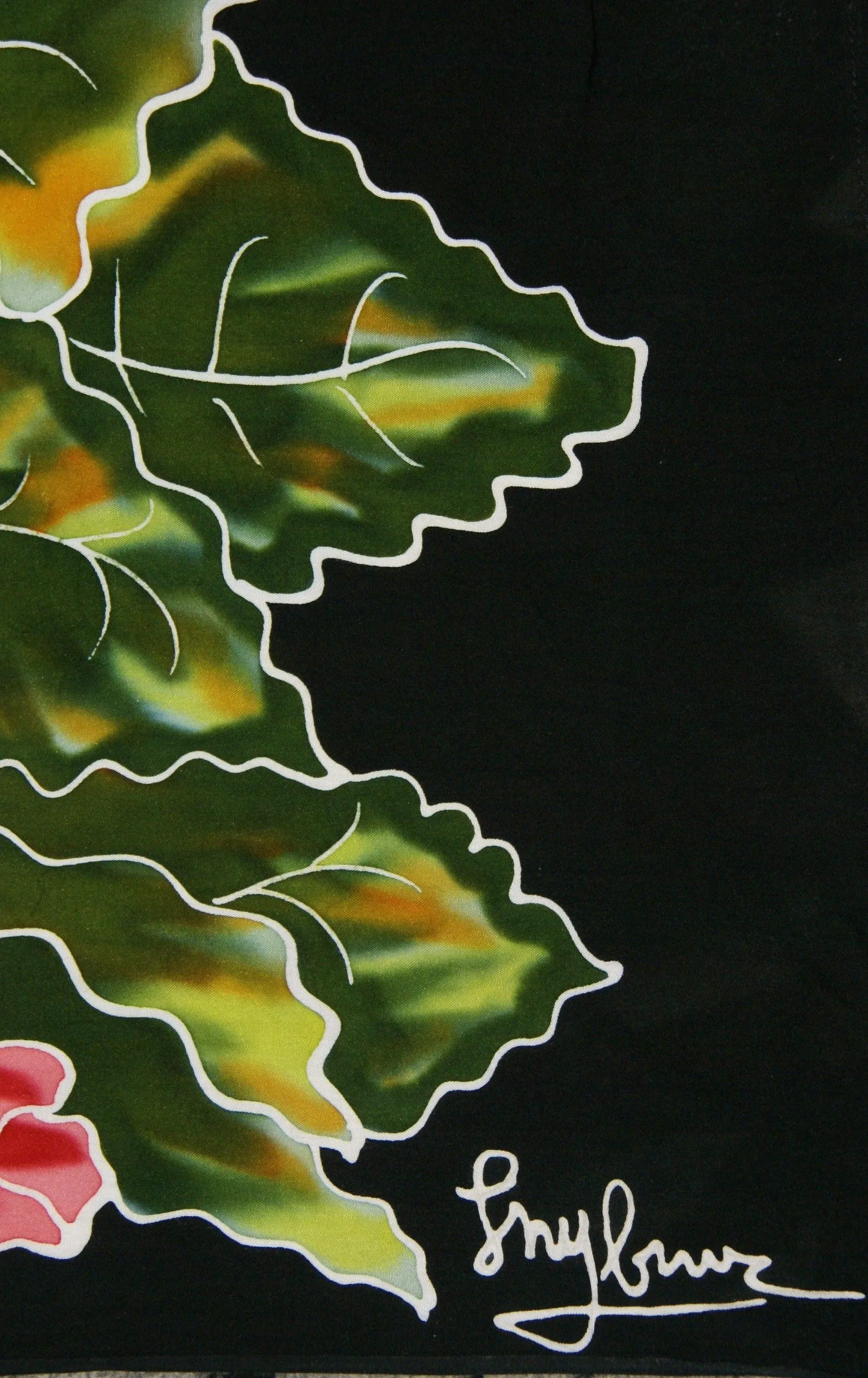 HIGH QUALITY HAND PAINTED TEXTILE FABRIC HALF SARONG OR BEACH SKIRT, SUMMER TABLE RUNNER, SIGNED BY THE ARTIST: DETAILED MOTIFS OF BLOOMING HIBISCUS ON BLACK BACKGROUND, RICH COLORS 74" x 23" (no SC16)