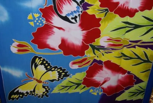 HIGH QUALITY HAND PAINTED TEXTILE FABRIC SARONG, PAREO, SHAWL, SIGNED BY THE ARTIST: VIBRANT HIBISCUS AND BUTTERFLIES, SUPERB RICH COLORS 70" x 48" (no 1A) WITH FRINGES