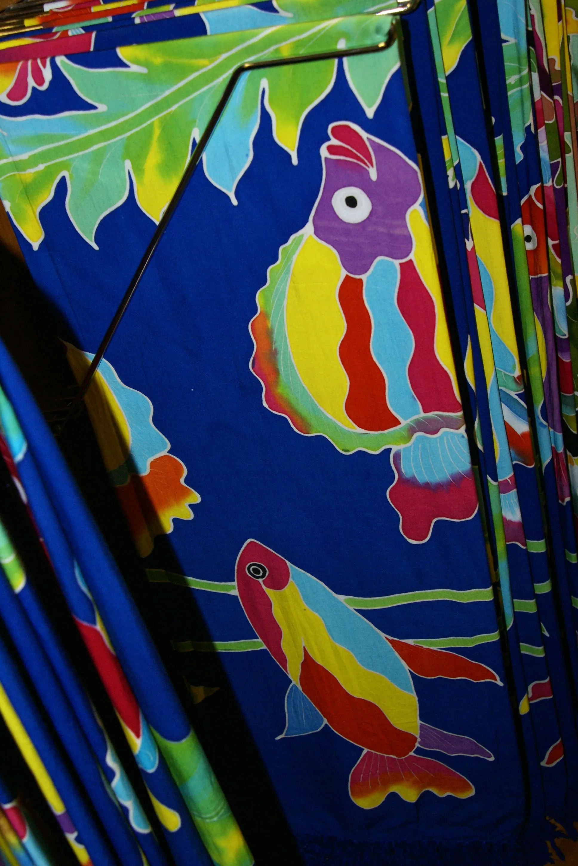 HIGH QUALITY HAND PAINTED TEXTILE FABRIC SARONG SIGNED BY THE ARTIST: DETAILED MOTIFS OF AQUATIC PLANTS & FISH 70" x 48" (no 27)