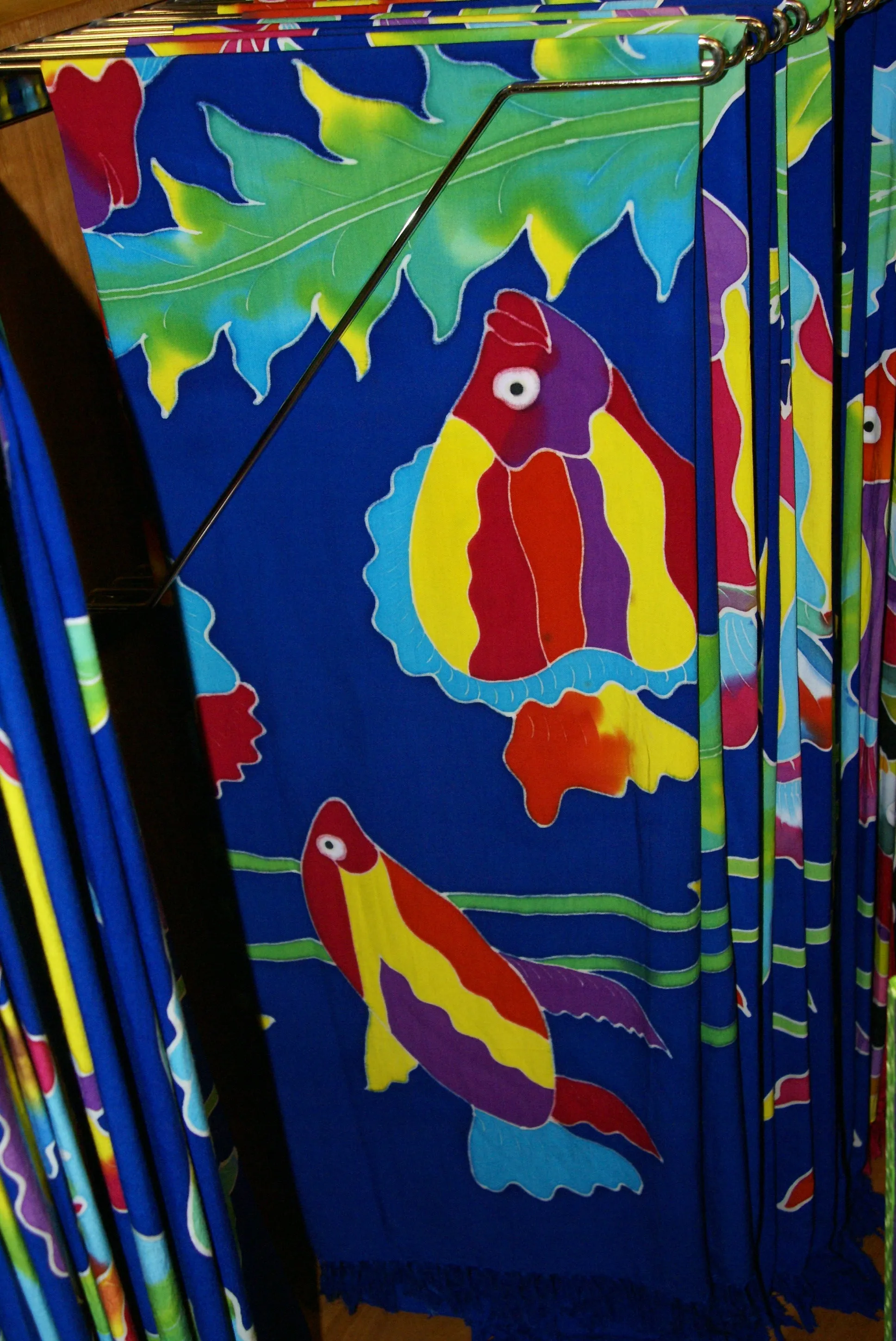 HIGH QUALITY HAND PAINTED TEXTILE FABRIC SARONG SIGNED BY THE ARTIST: DETAILED MOTIFS OF AQUATIC PLANTS & FISH 70" x 48" (no 27)