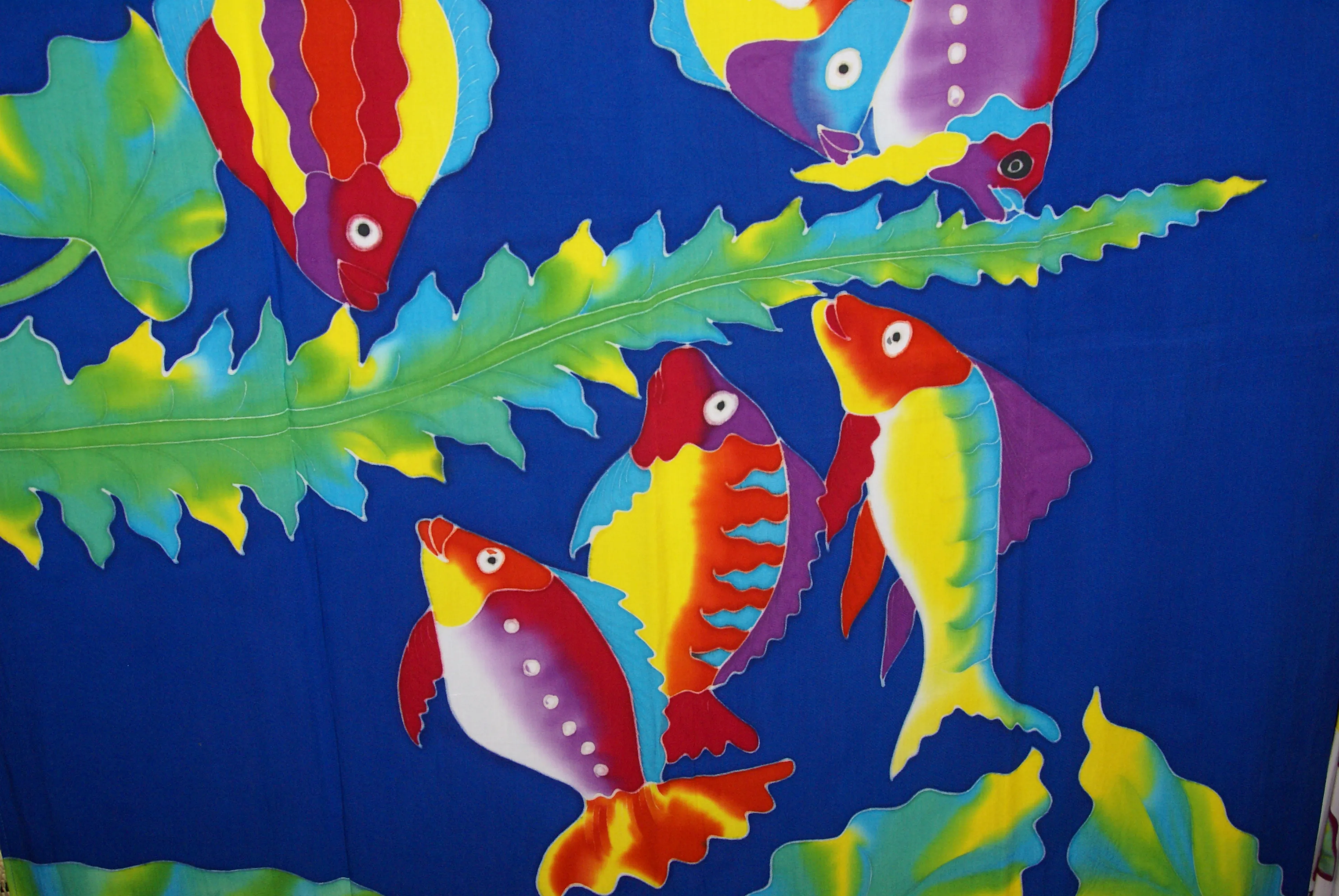 HIGH QUALITY HAND PAINTED TEXTILE FABRIC SARONG SIGNED BY THE ARTIST: DETAILED MOTIFS OF AQUATIC PLANTS & FISH 70" x 48" (no 27)