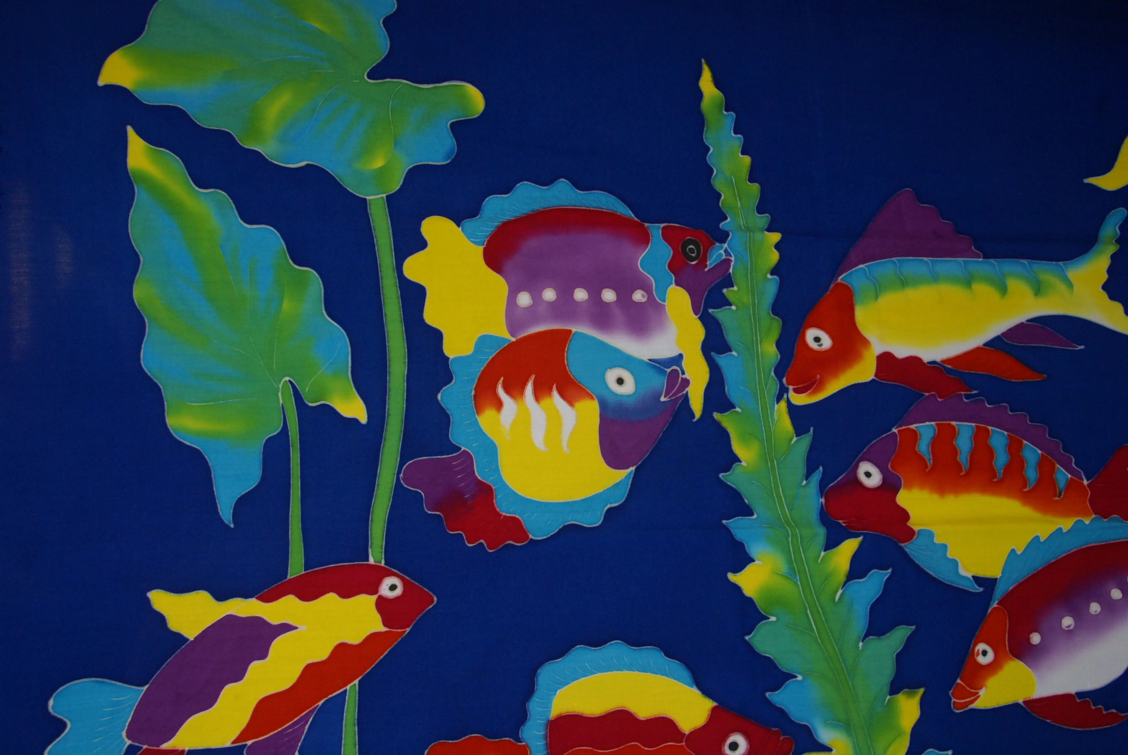 HIGH QUALITY HAND PAINTED TEXTILE FABRIC SARONG SIGNED BY THE ARTIST: DETAILED MOTIFS OF AQUATIC PLANTS & FISH 70" x 48" (no 27)