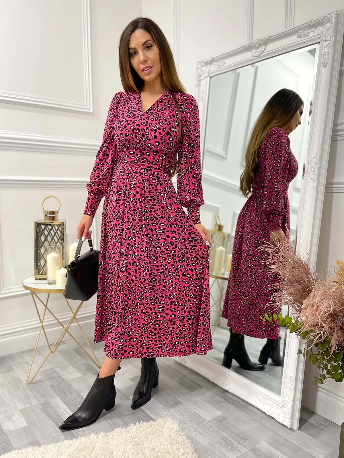 Jolie Moi Vivian Long Sleeve Dress, Pink Animal