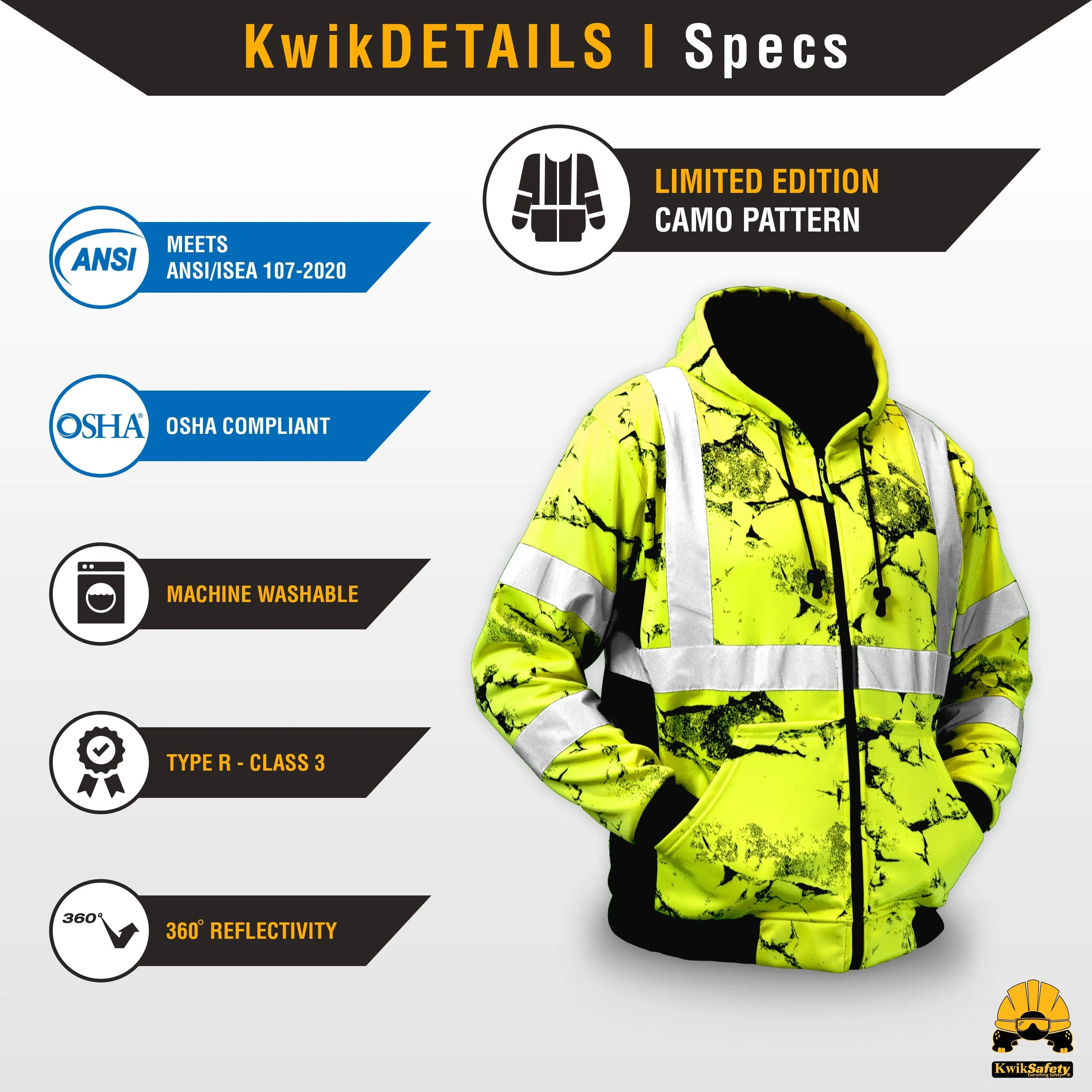 KwikSafety UNCLE WILLY'S WALL Safety Hoodie (LIMITED EDITION DESIGN) Class 3 ANSI Tested OSHA Hi Vis Reflective PPE - Model No.: KS5510