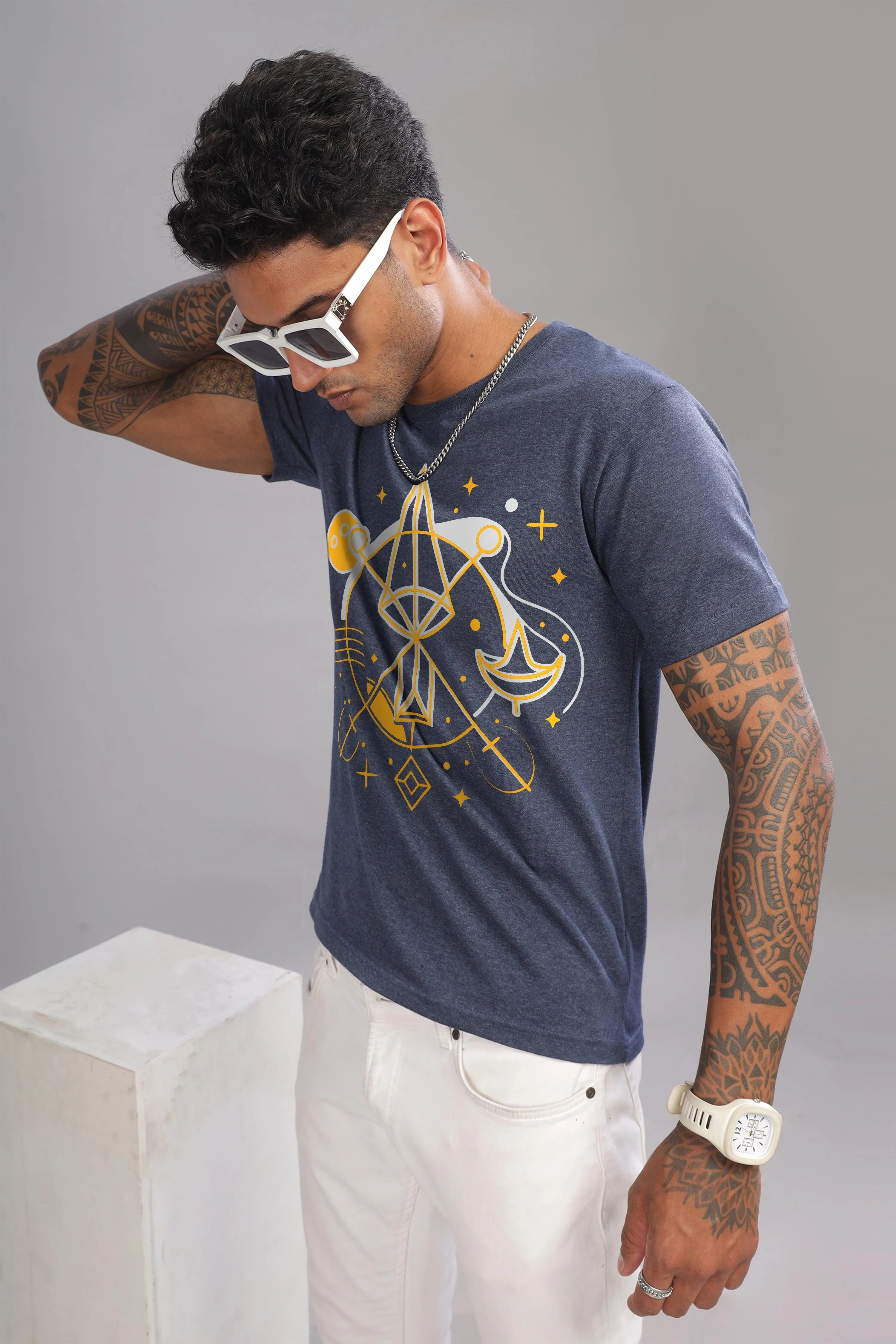 Lively Libra Denim Blue Half Sleeve Printed Round Neck T-Shirt