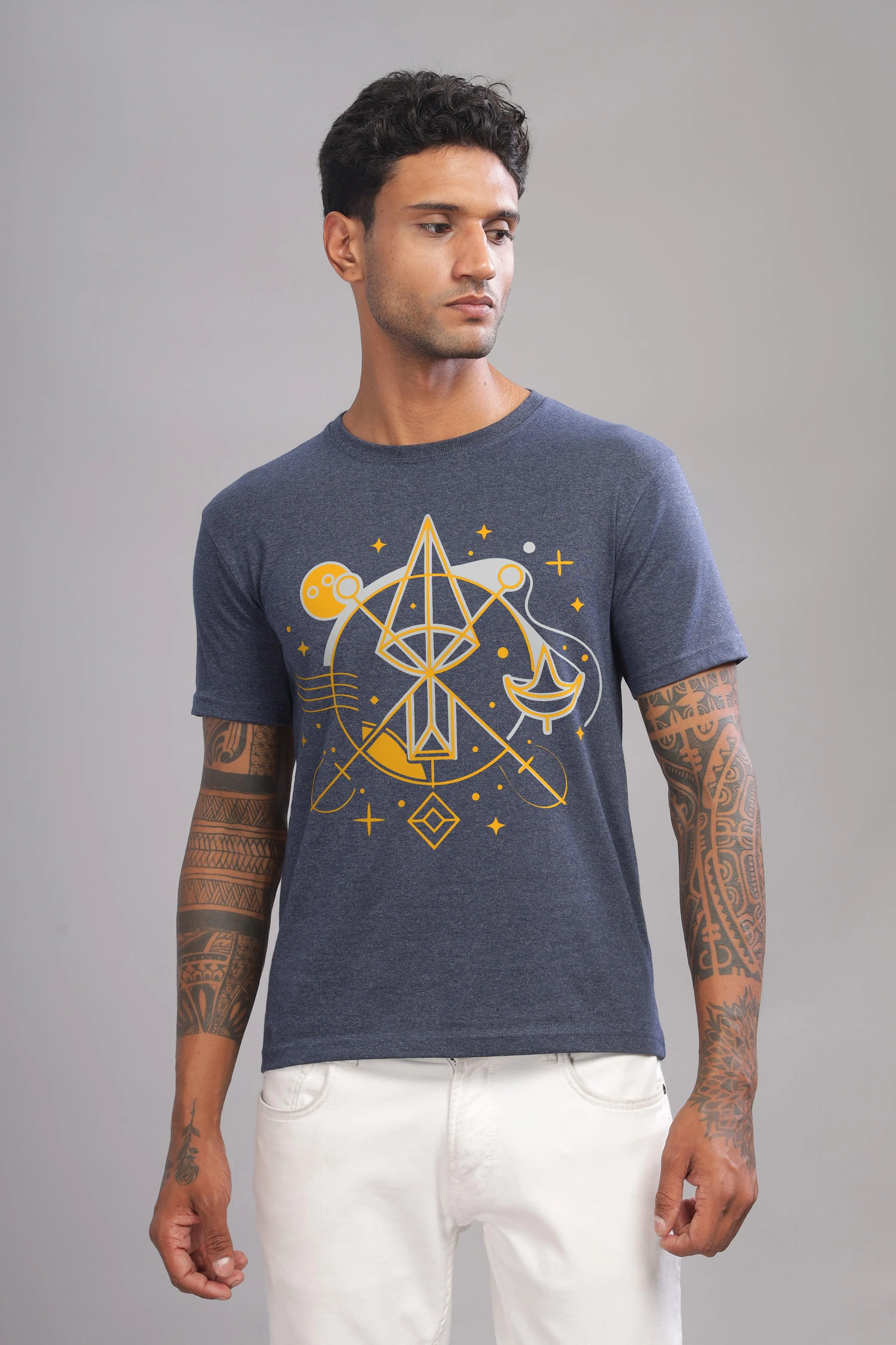 Lively Libra Denim Blue Half Sleeve Printed Round Neck T-Shirt
