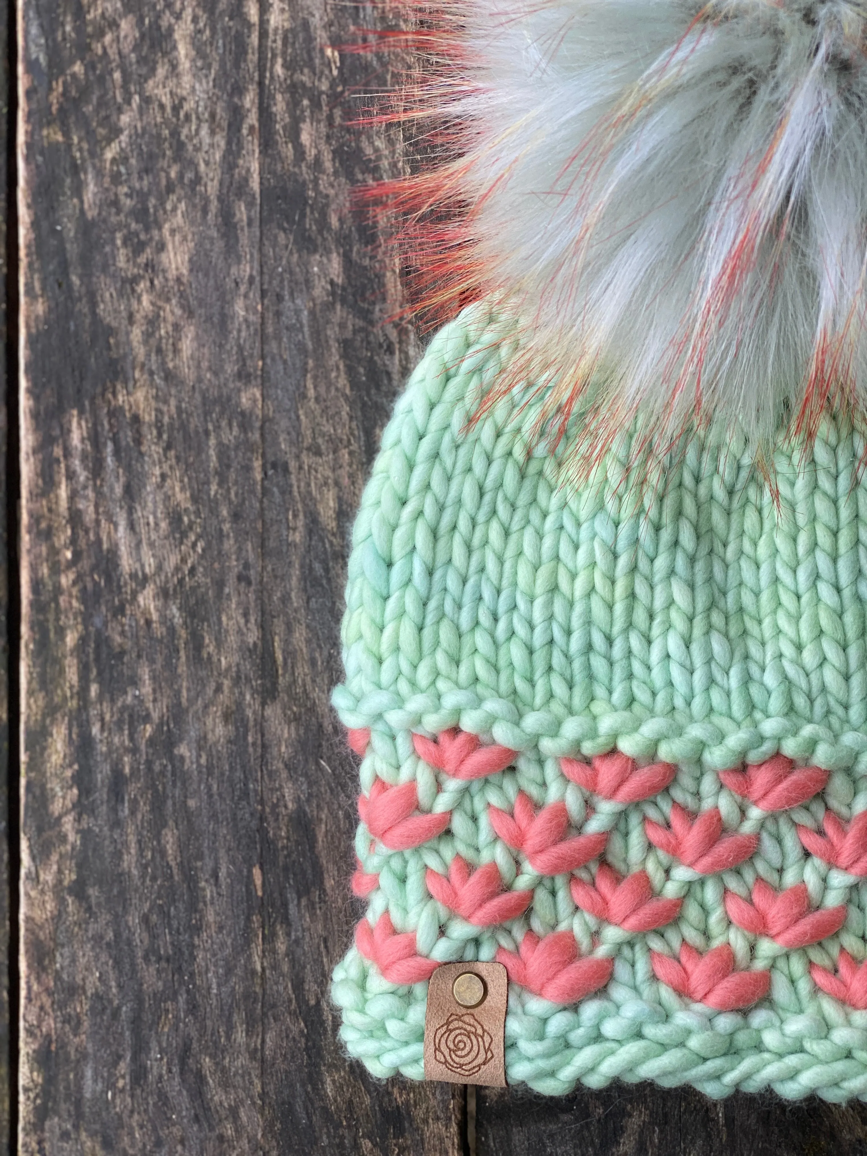 MADE TO ORDER Fun and silver sage light blue with firey long orange cream tipped tips faux fur pom pom with wooden button
