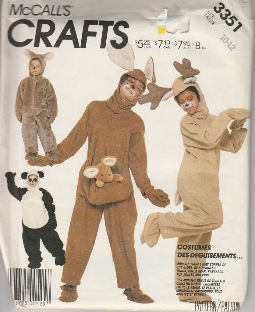 McCall's 3351 Childrens Halloween Costume Sewing Pattern Vintage 80's Panda Kangaroo Reindeer Koala