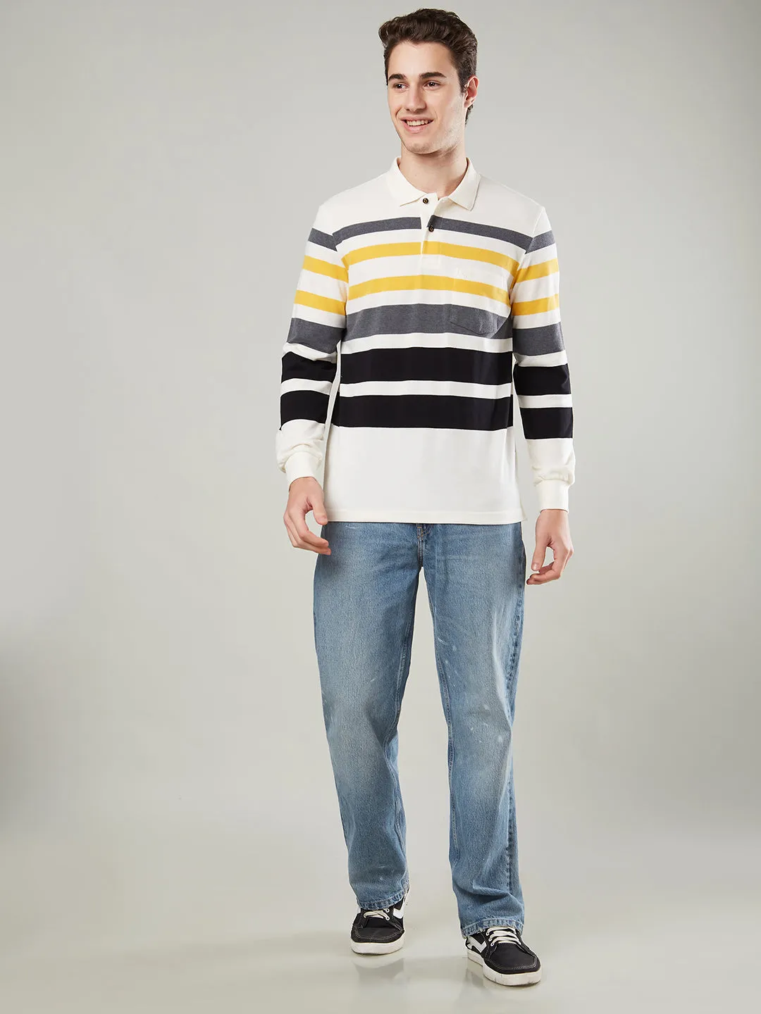 Men's Long-Sleeve Polo Shirt in Striped Piqué Knit
