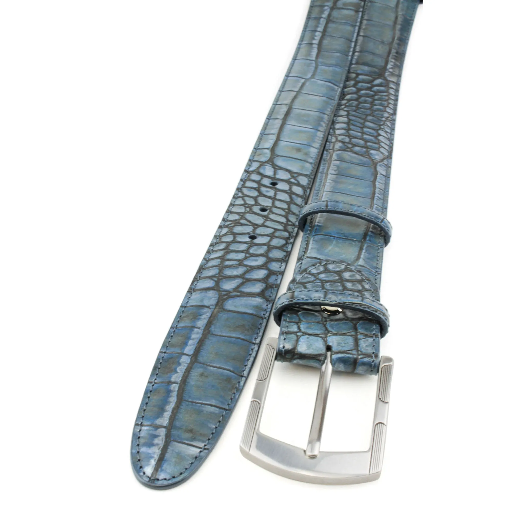 Metallic Hued Denim Tone Mock Croc Etched Buckle Belt
