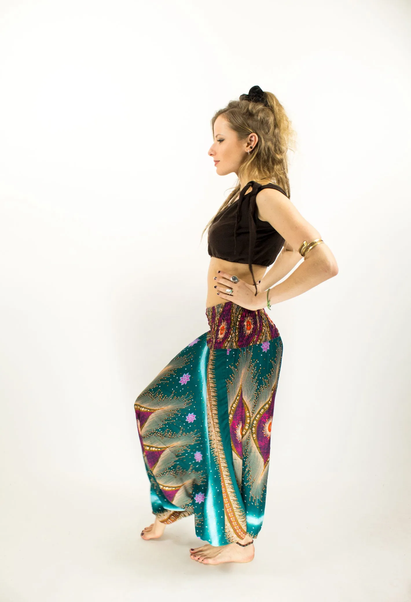 PATTERNED HAREM LOW CROTCH PANTS TEAL