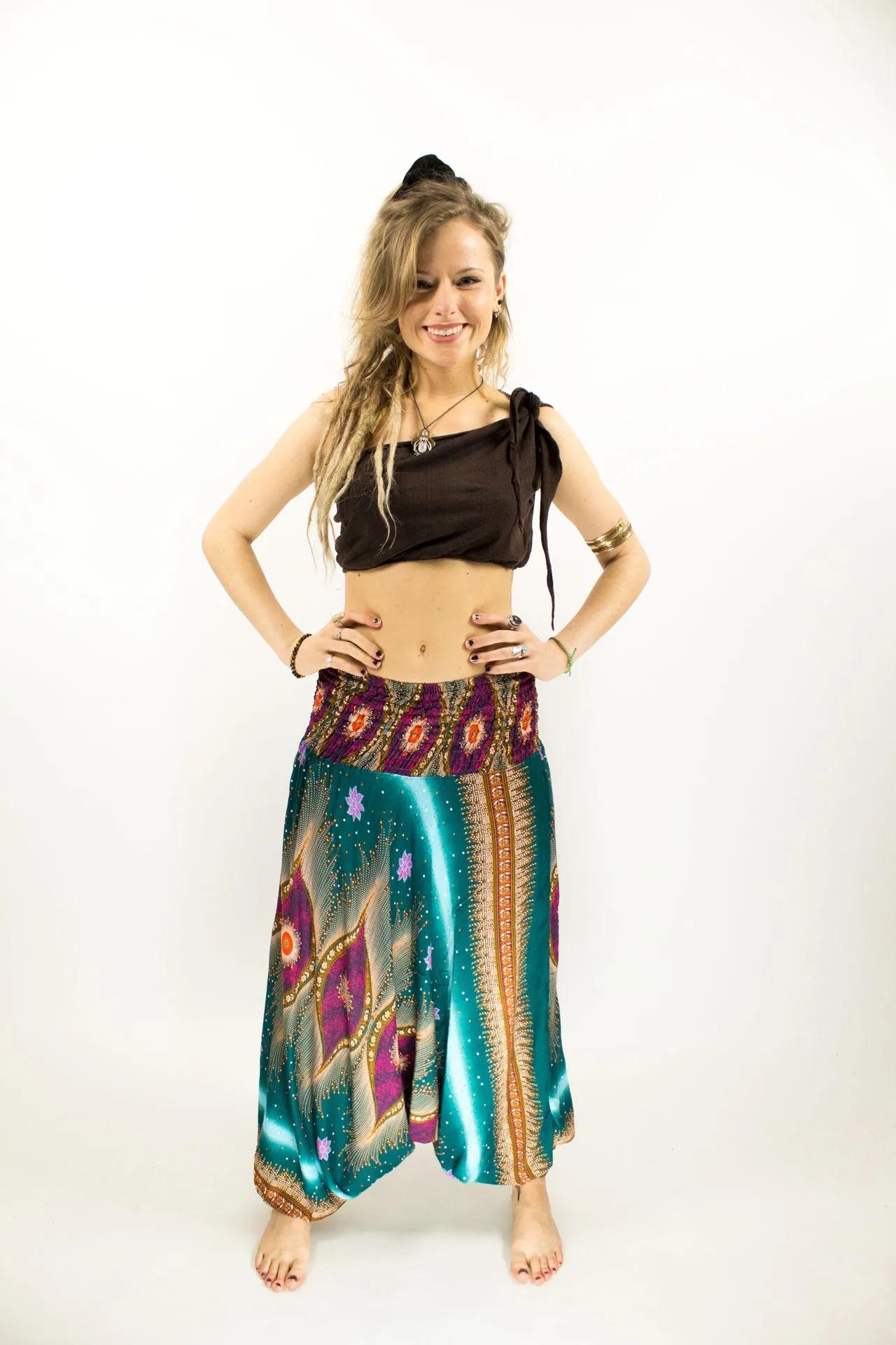 PATTERNED HAREM LOW CROTCH PANTS TEAL