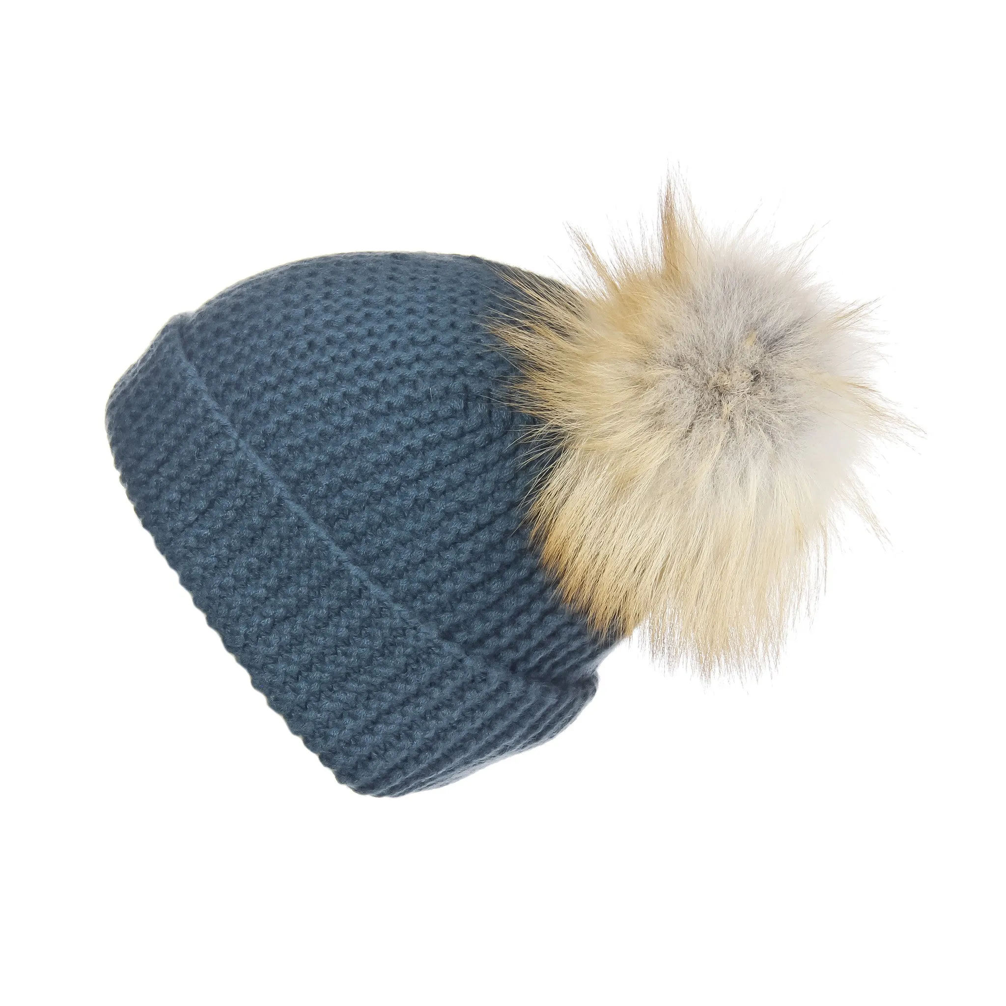 Pearl Stitched Silver Pine Cashmere Hat with Light Caramel Pom