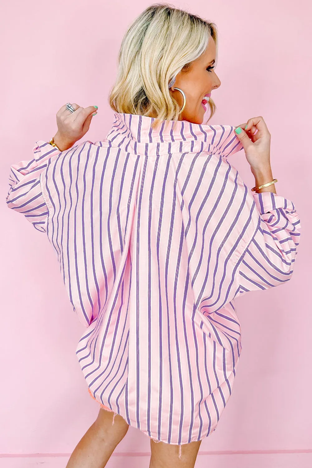 Pink Casual Stripe Chest Pocket Shirt