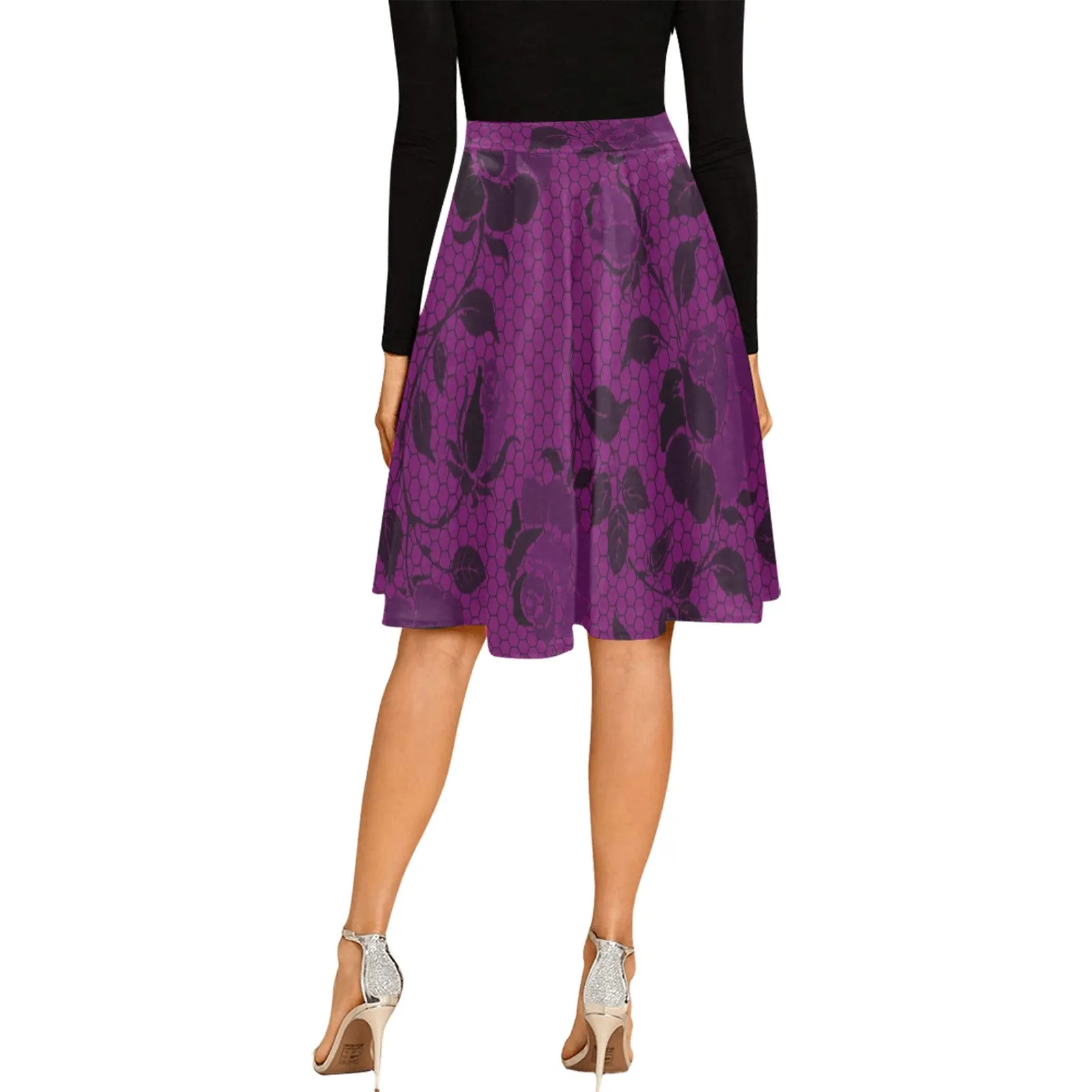 purple rose print 3 Melete Pleated Midi Skirt (Model D15)