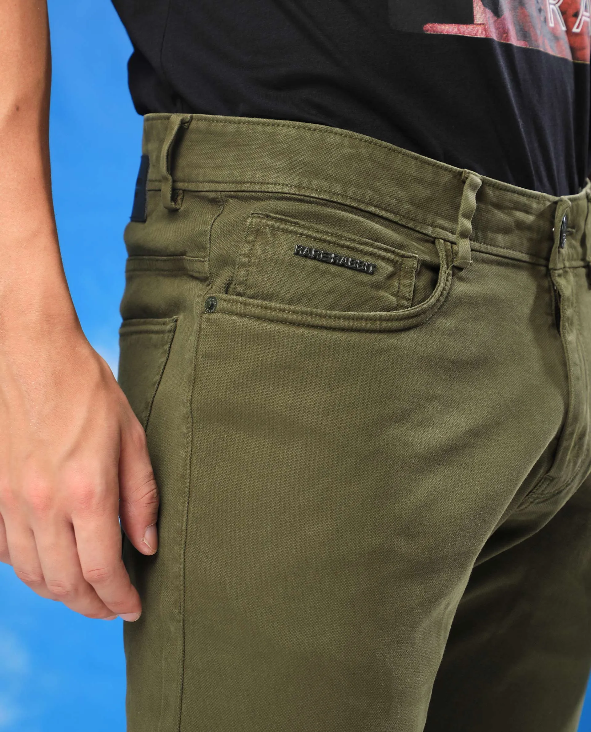 Rare Rabbit Men's Fiv5S Olive Solid Mid-Rise Slim Fit Trouser