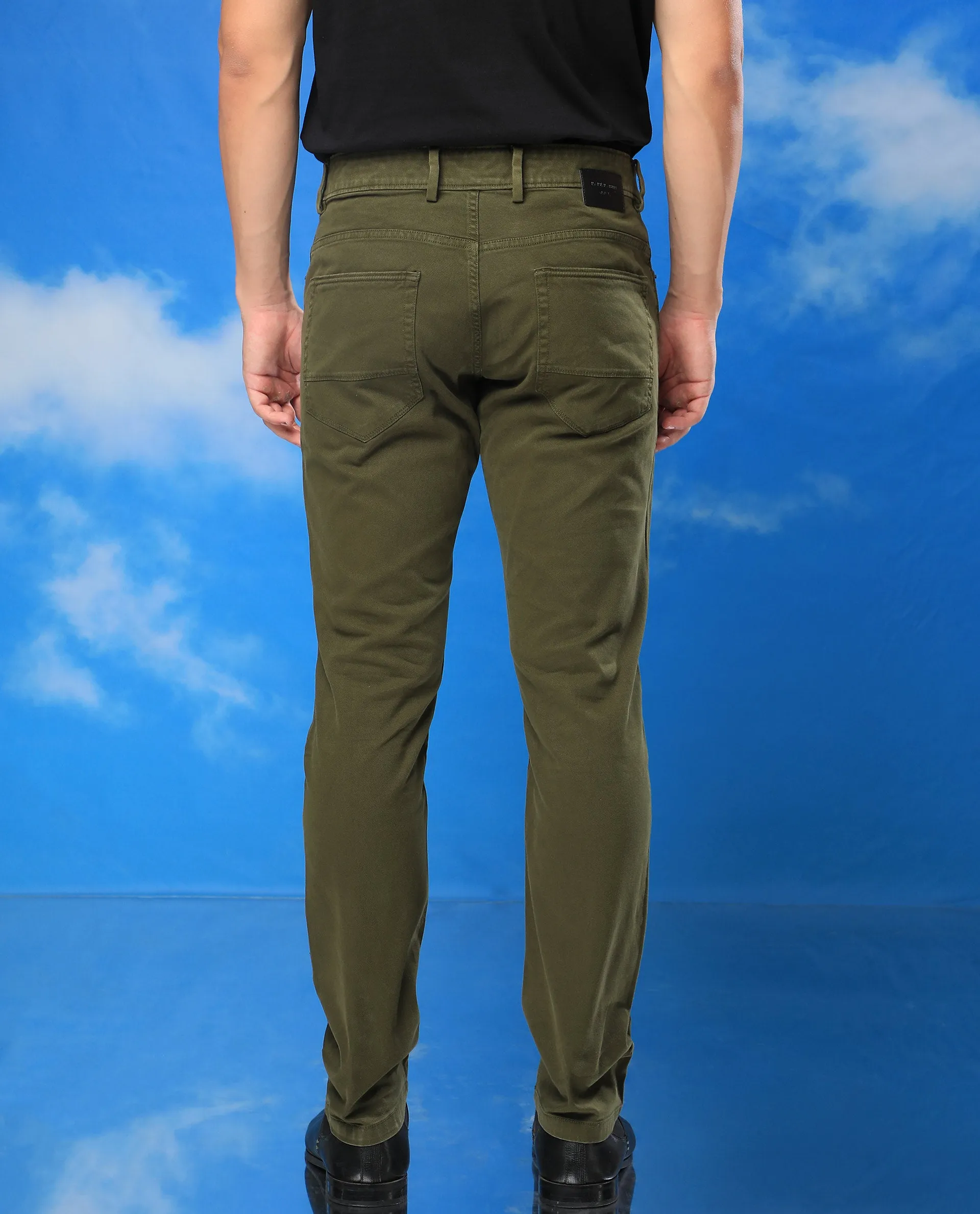 Rare Rabbit Men's Fiv5S Olive Solid Mid-Rise Slim Fit Trouser