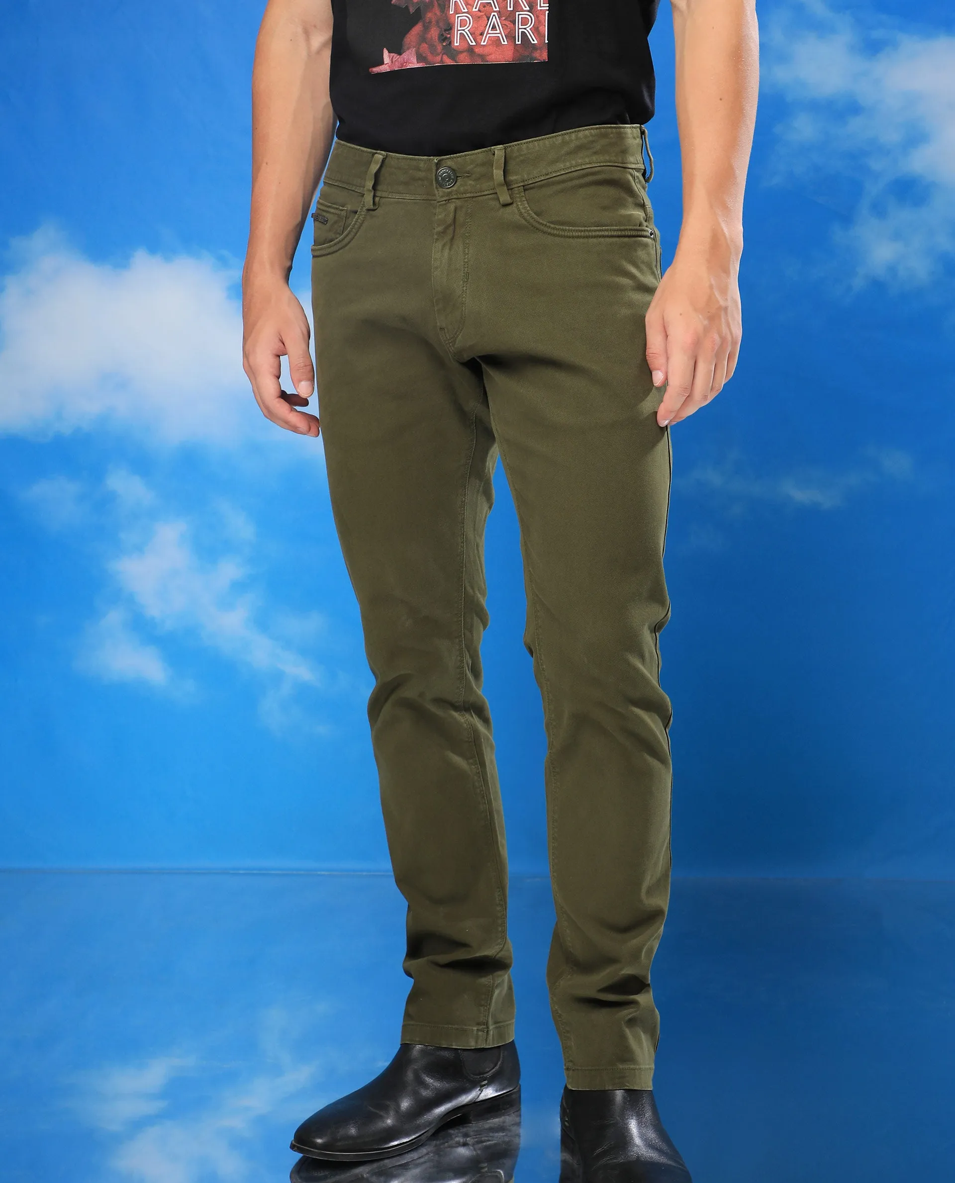 Rare Rabbit Men's Fiv5S Olive Solid Mid-Rise Slim Fit Trouser
