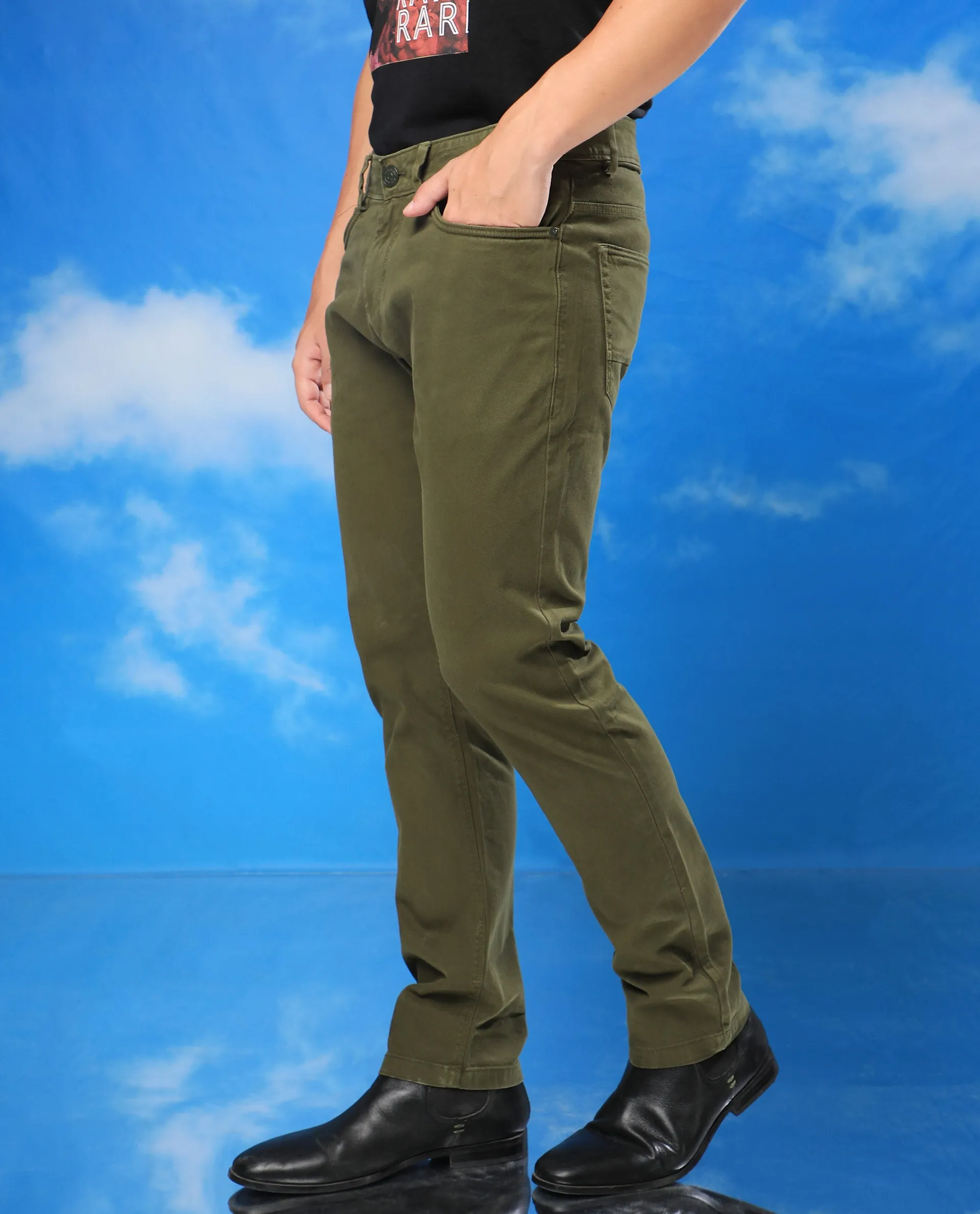 Rare Rabbit Men's Fiv5S Olive Solid Mid-Rise Slim Fit Trouser