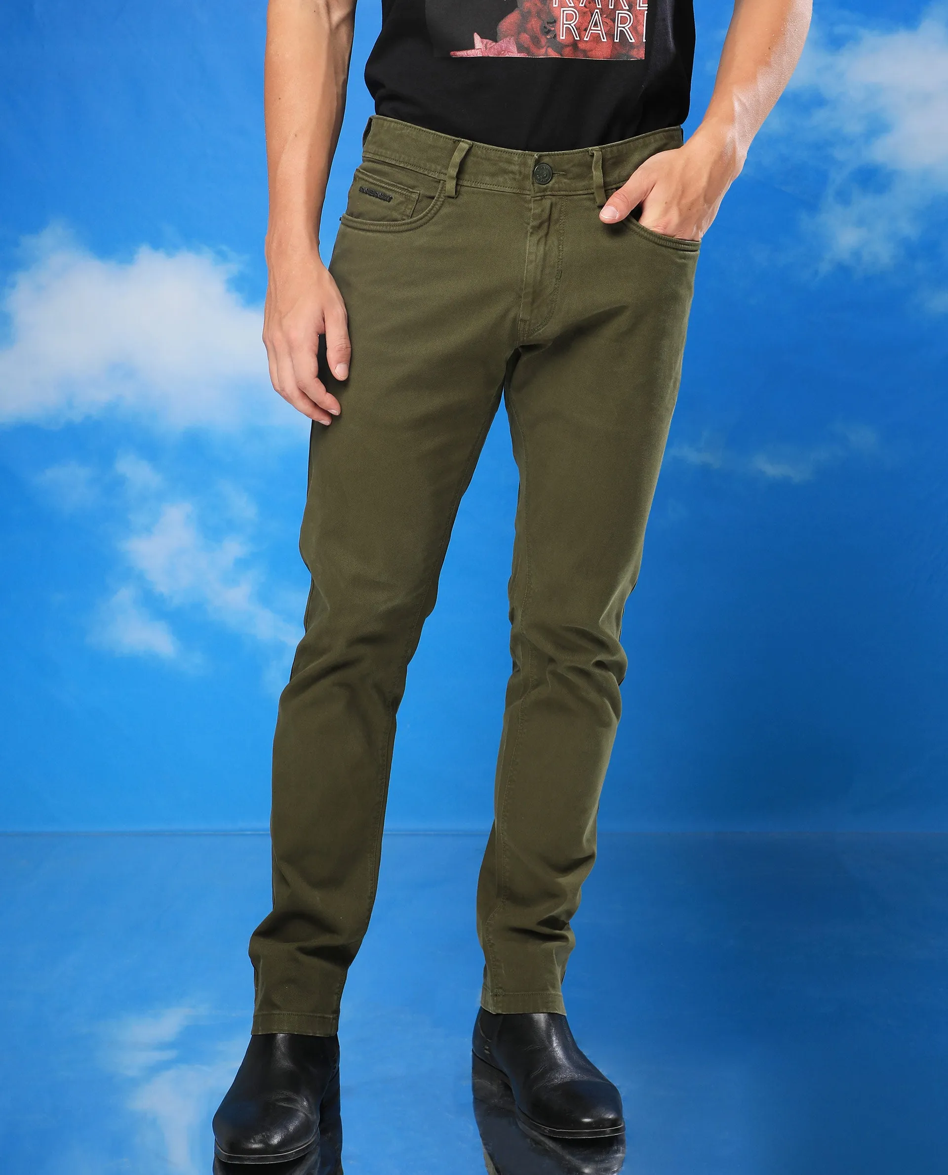 Rare Rabbit Men's Fiv5S Olive Solid Mid-Rise Slim Fit Trouser