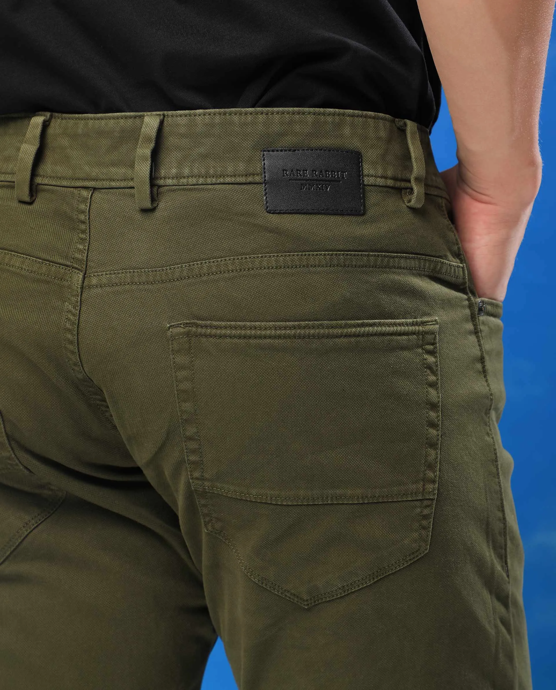 Rare Rabbit Men's Fiv5S Olive Solid Mid-Rise Slim Fit Trouser