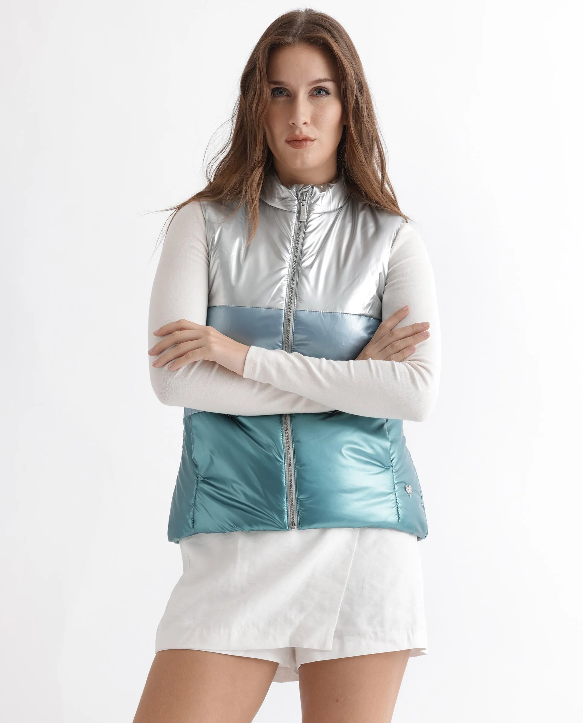 Rareism Women Sophia Silver Polyester Fabric Sleeveless Solid High Neck Jacket