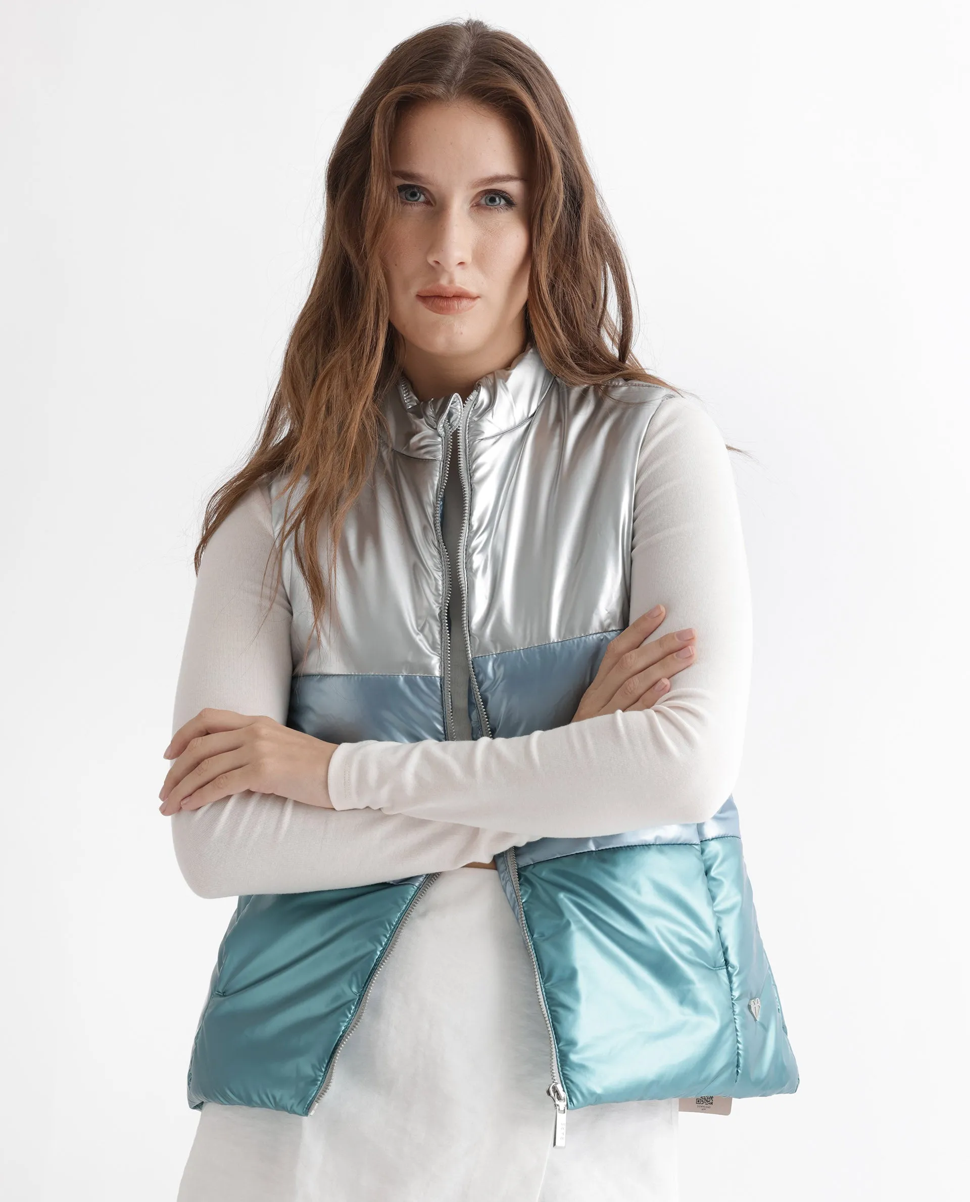 Rareism Women Sophia Silver Polyester Fabric Sleeveless Solid High Neck Jacket
