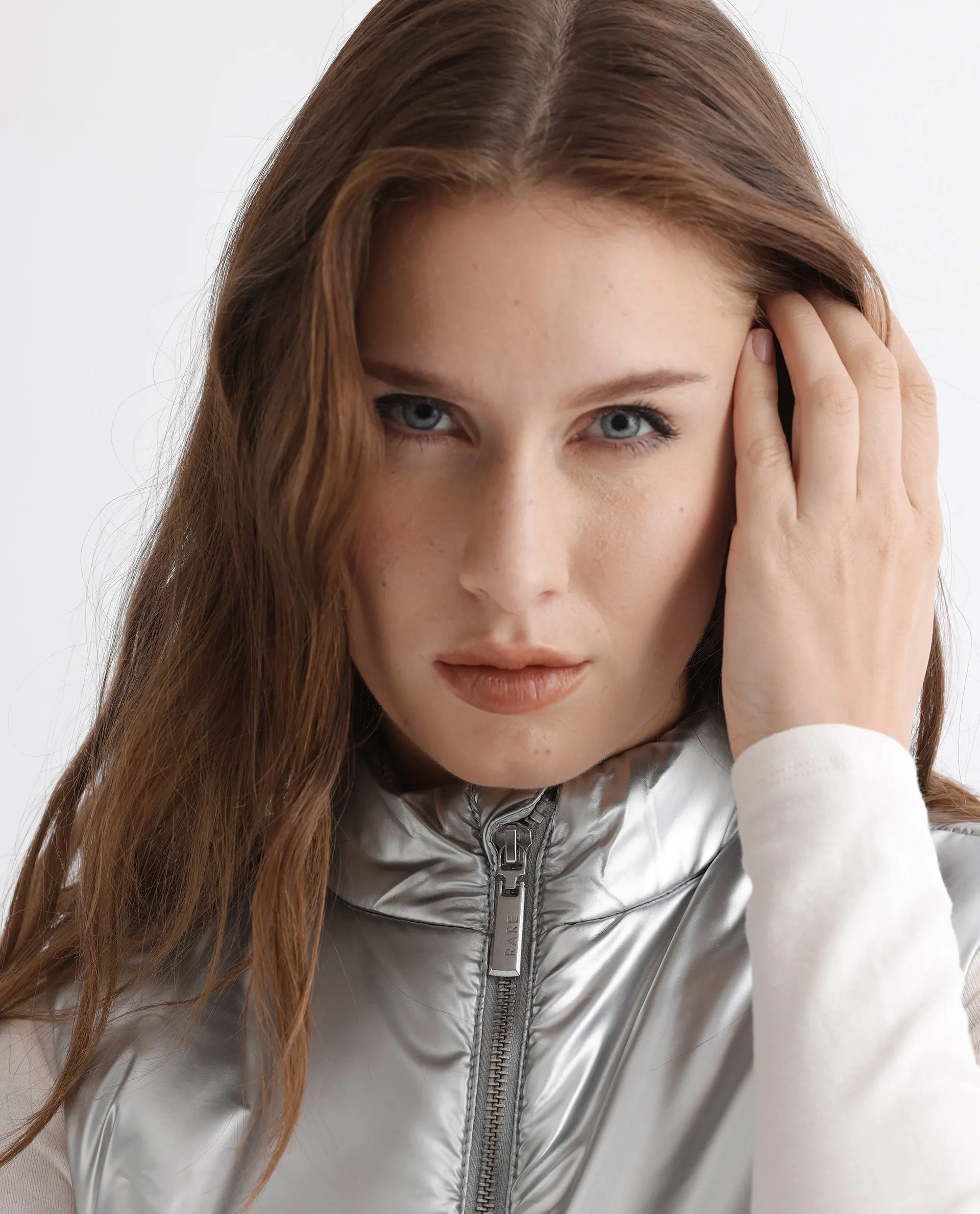 Rareism Women Sophia Silver Polyester Fabric Sleeveless Solid High Neck Jacket