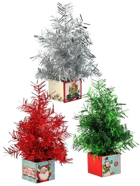 Retro Gift Boxes with Tinsel Trees, Set of 3