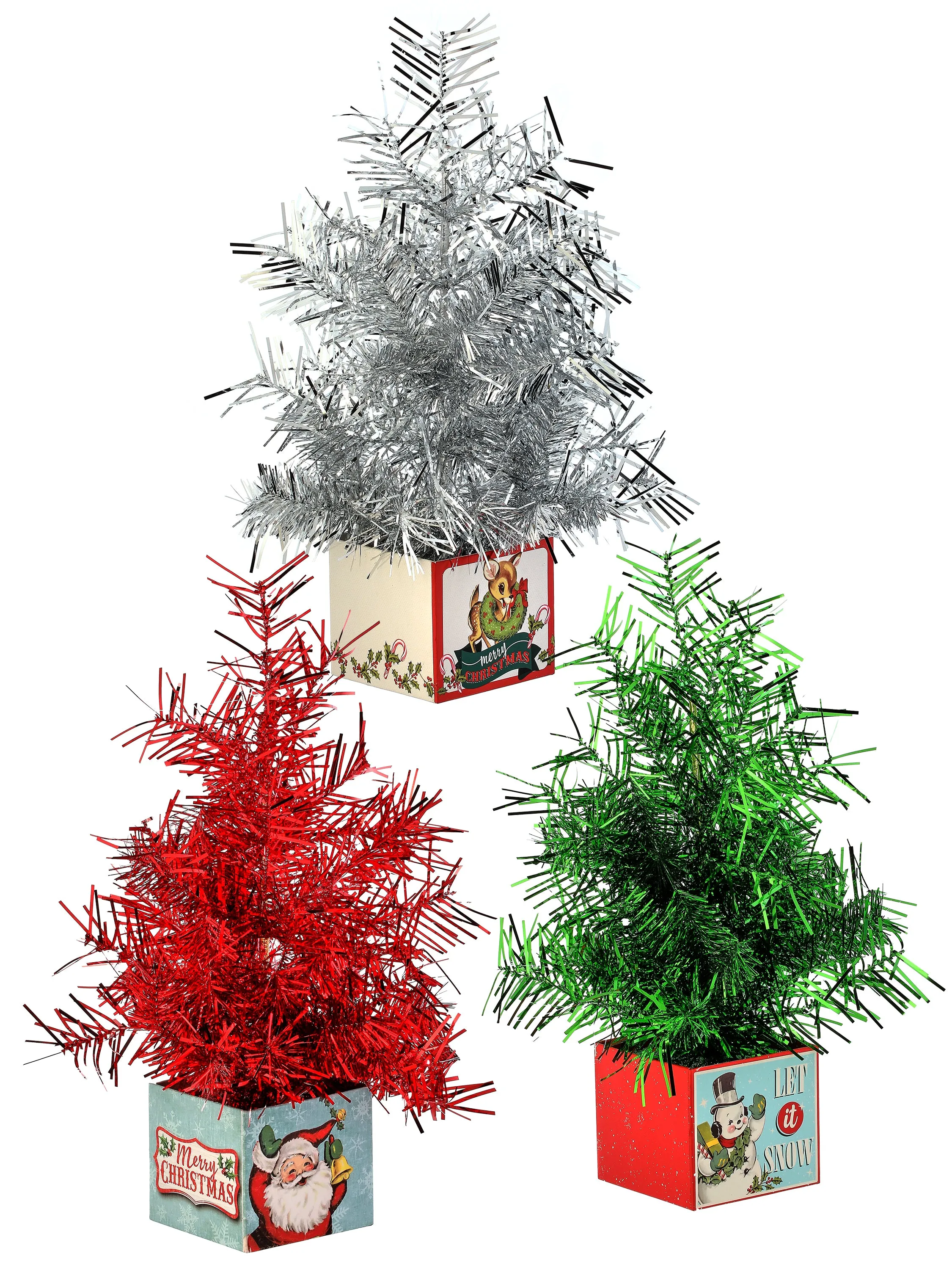 Retro Gift Boxes with Tinsel Trees, Set of 3