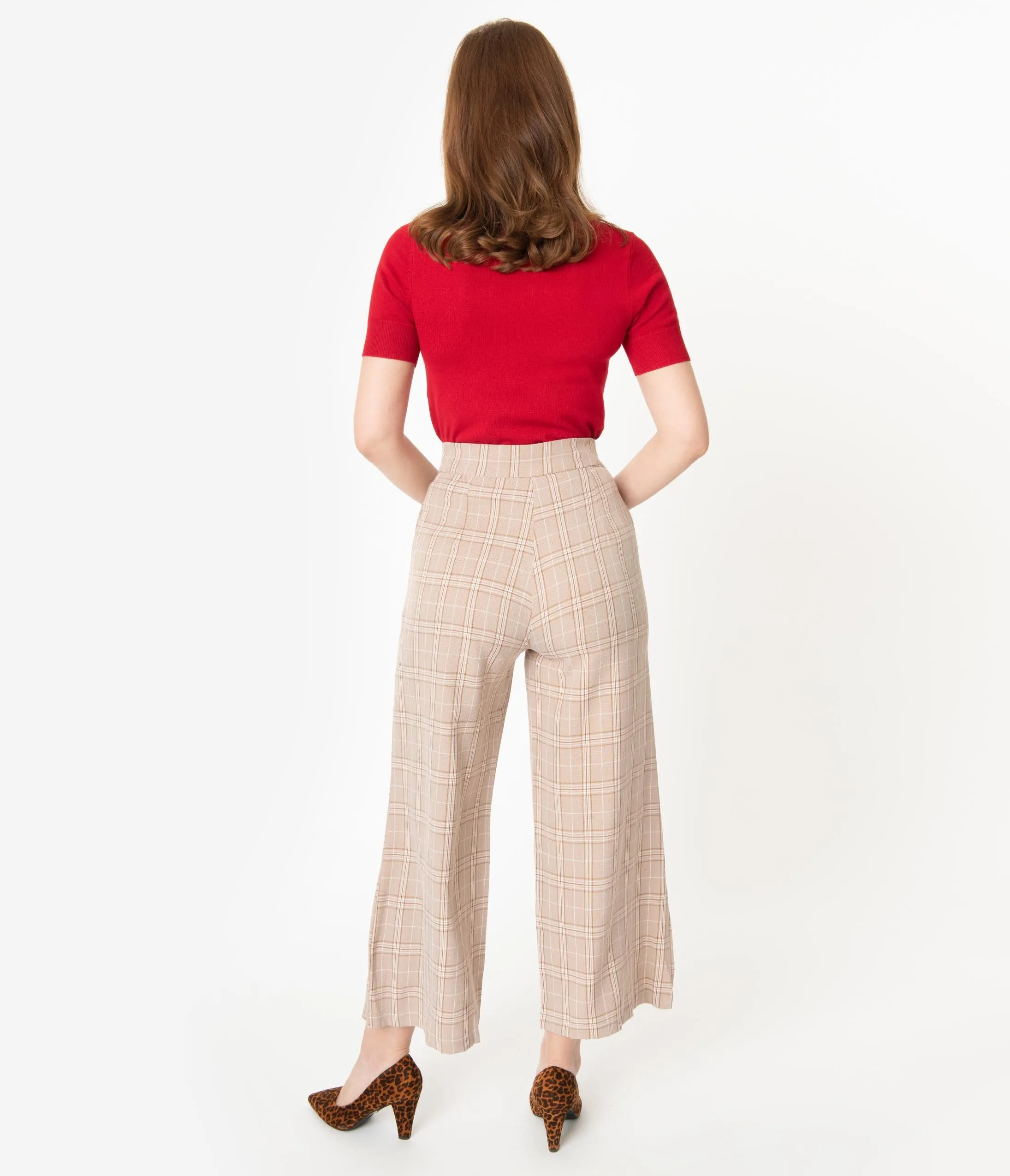 Retro Style Light Brown Plaid Wide Leg Pants