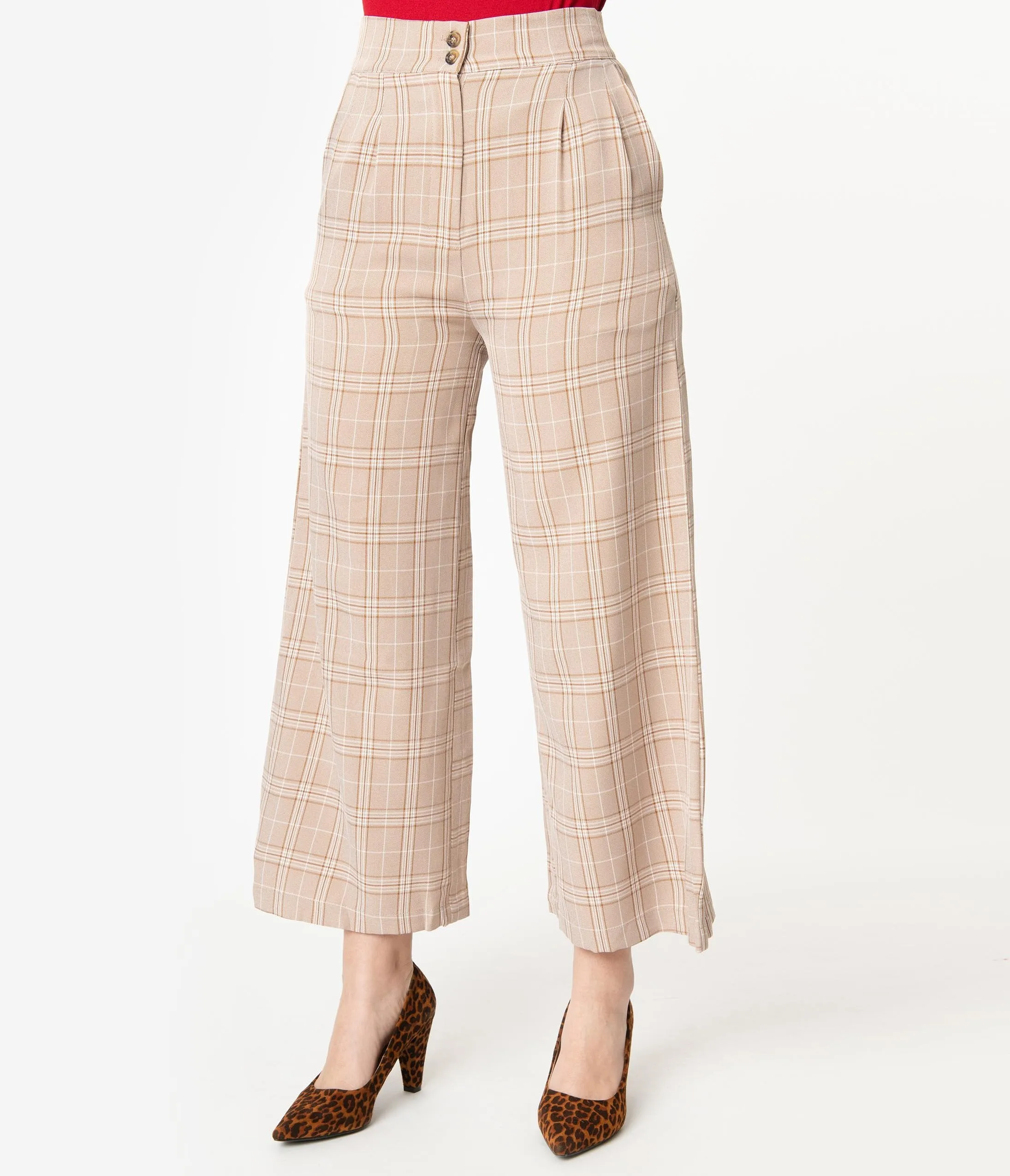 Retro Style Light Brown Plaid Wide Leg Pants