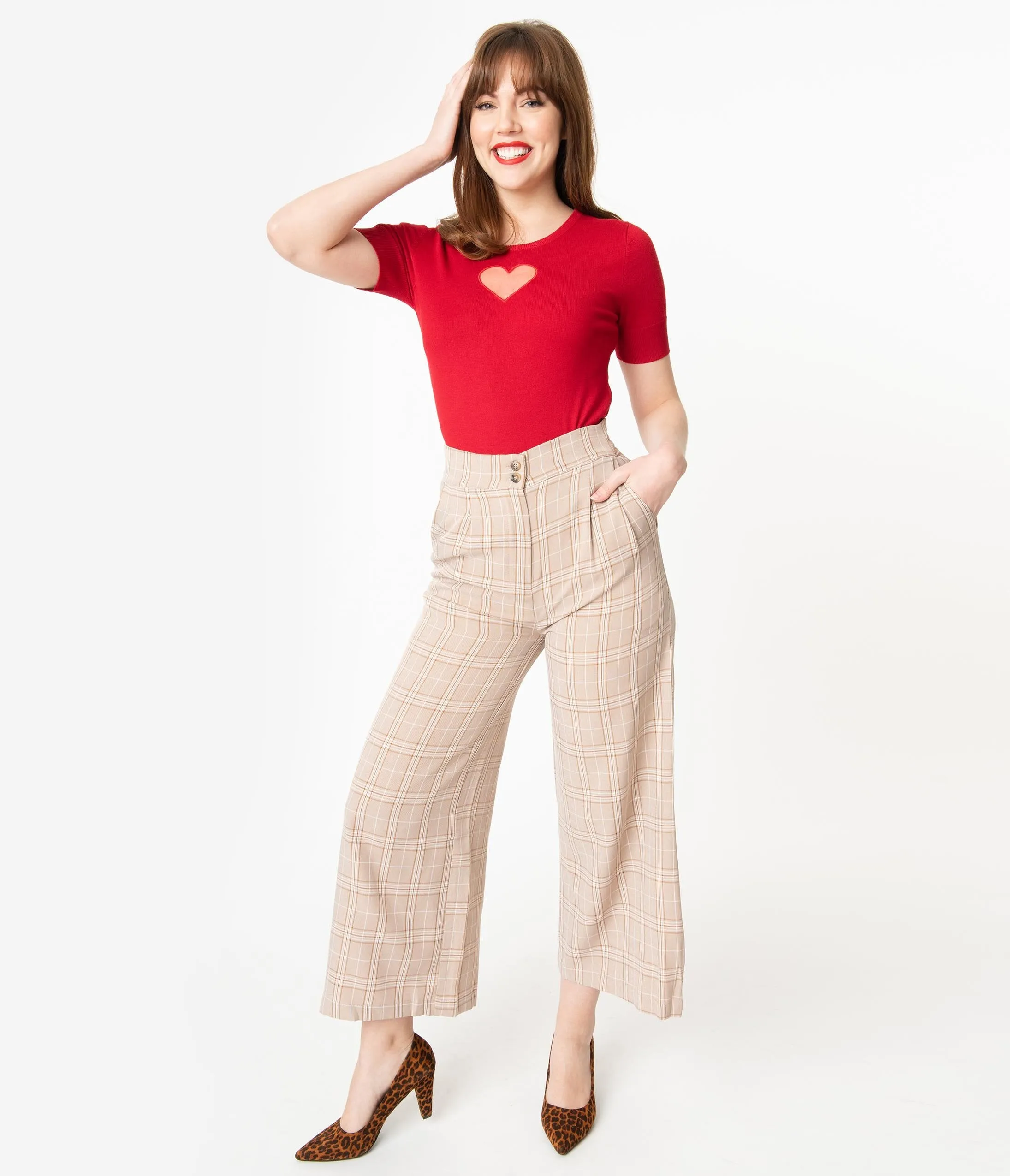 Retro Style Light Brown Plaid Wide Leg Pants