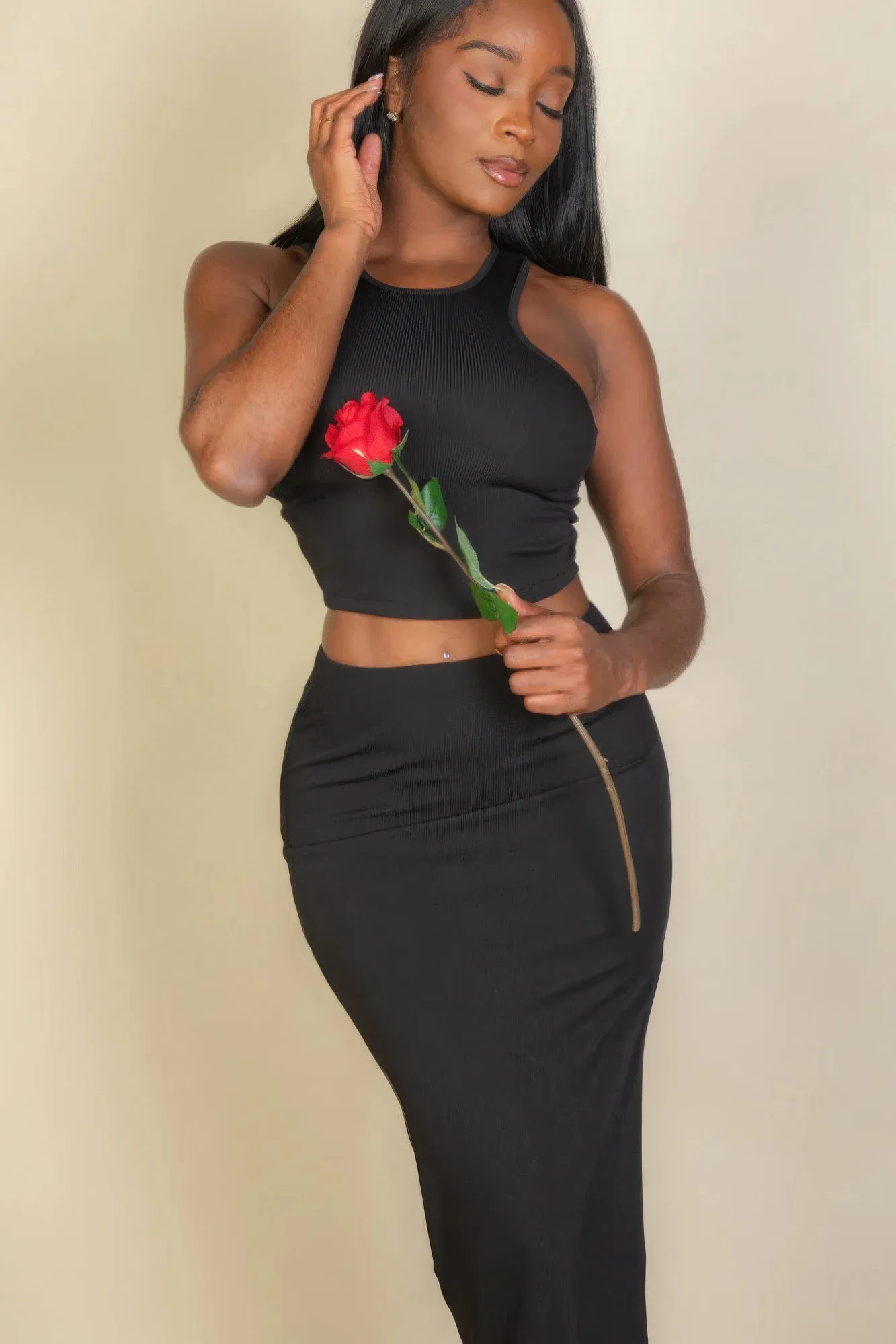 Ribbed Cropped Top and Maxi Side Slit Skirt Set