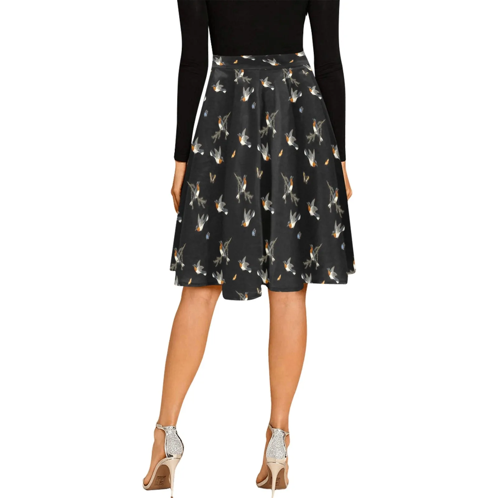 robins in flight black back Melete Pleated Midi Skirt (Model D15)