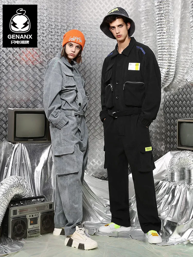 Safari Style Embroidery Patchwork Corduroy Jumpsuit