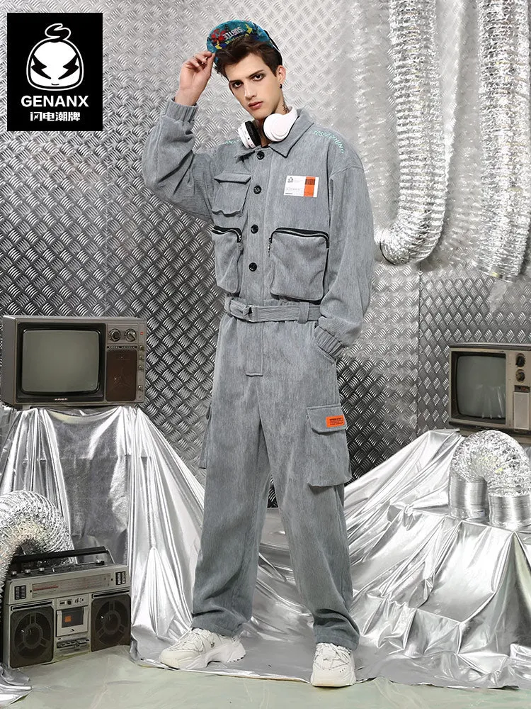 Safari Style Embroidery Patchwork Corduroy Jumpsuit