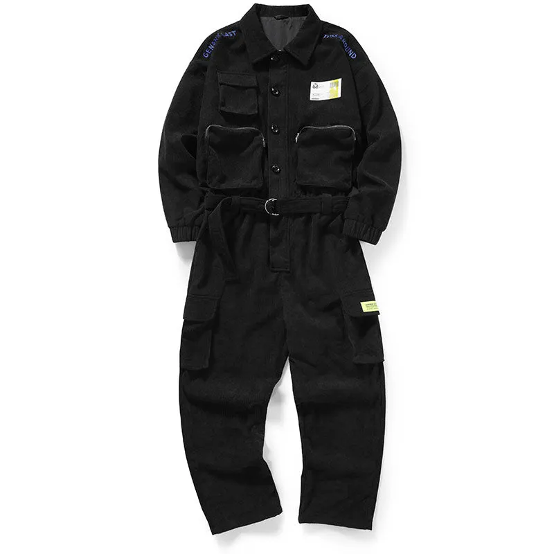 Safari Style Embroidery Patchwork Corduroy Jumpsuit